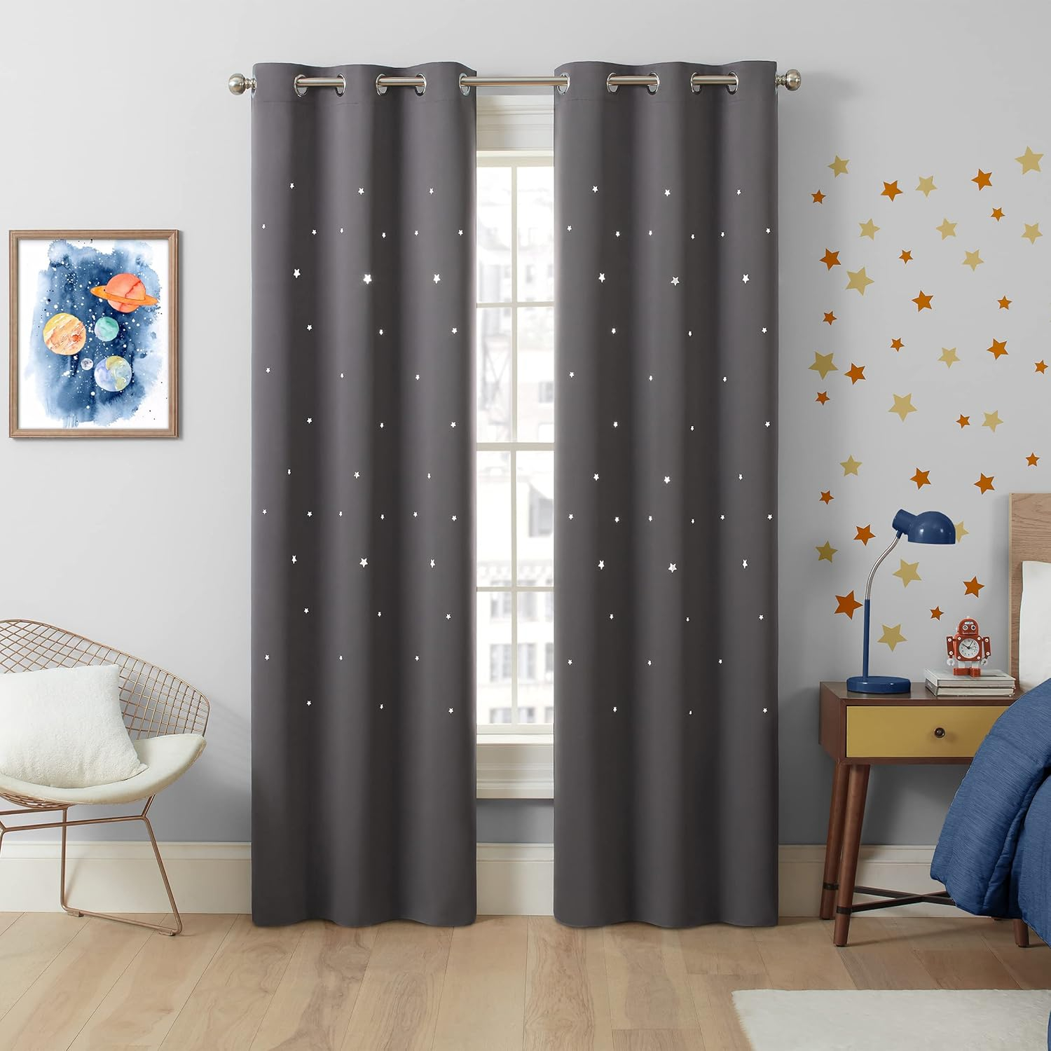 Eclipse Dreamer Star Laser Cut Room Darkening Grommet Window Curtains for Kids Bedroom or Nursery (2 Panels), 34 in x 84 in, Grey