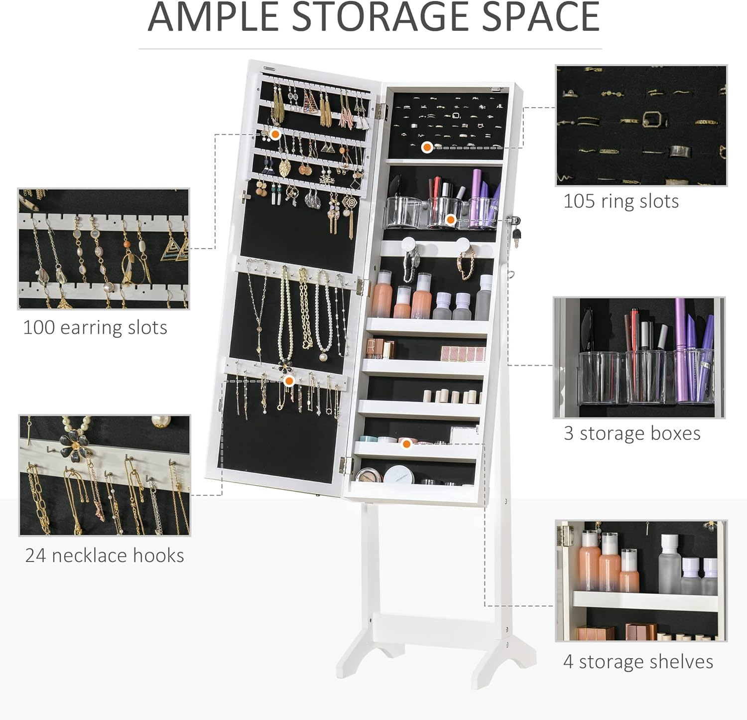 White MDF Floor Standing Jewelry Cabinet with LED Light and Mirror