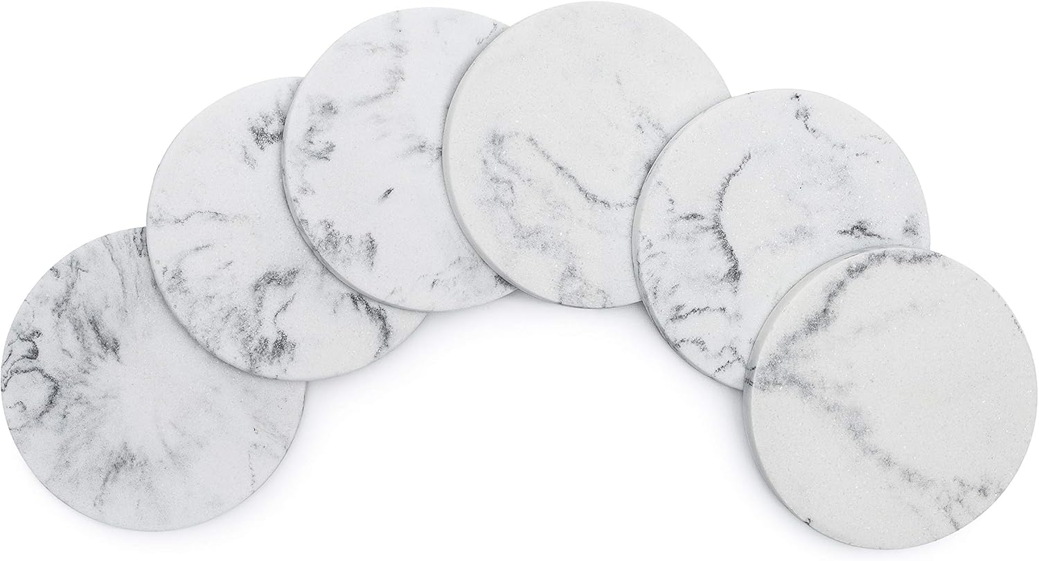 Essentra Home Set of 6 White Marble Coasters for Drinks, Soft Felt Bottom Protects Your Furniture from Scratches, Absorbent 4 Inch Coasters