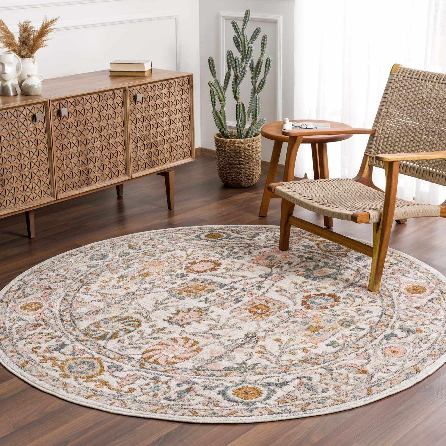 Round Off-White and Pink Synthetic Floral Area Rug