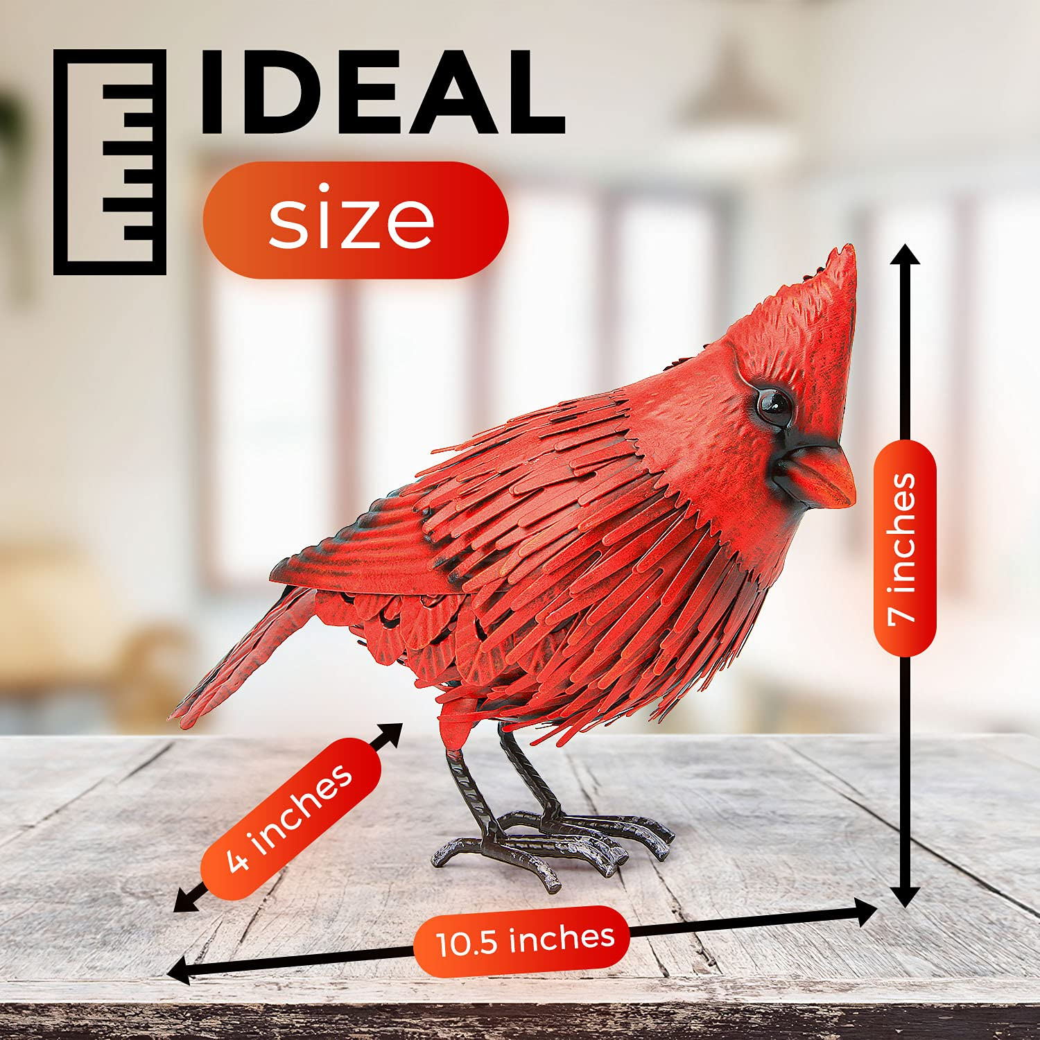 Cardinal Metal Bird Yard Art- Large Red Bird Outdoor Spring Decoration- Handmade Metal Garden Decor - Collectible w/Unique Realistic Design