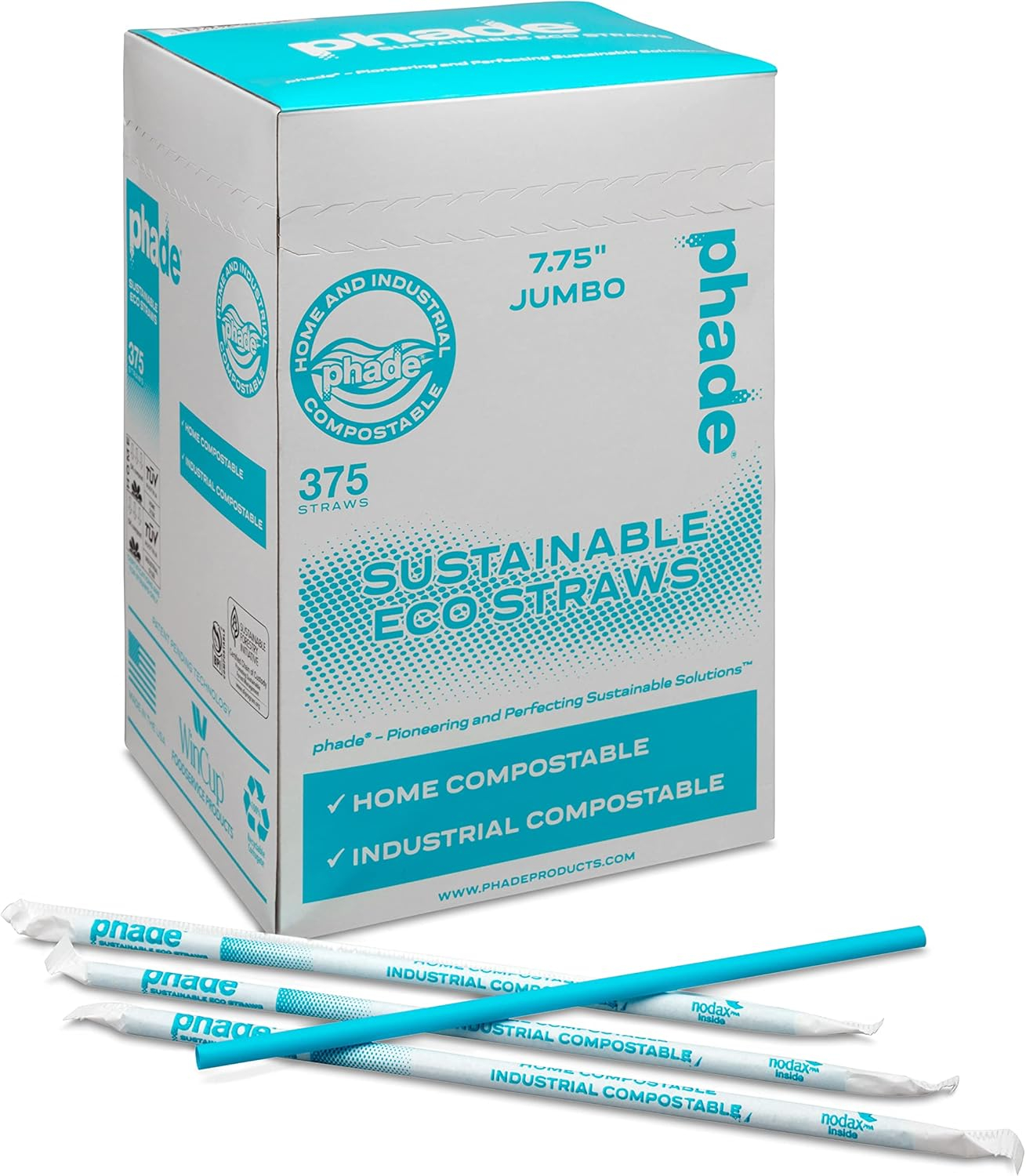 phade Eco-Friendly Sustainable Marine & Soil Biodegradable Compostable 7.75" Jumbo Straws, Individually Wrapped, 1 Pack - 375 Count