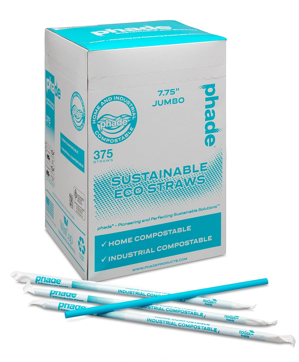 phade Eco-Friendly Sustainable Marine & Soil Biodegradable Compostable 7.75" Jumbo Straws, Individually Wrapped, 1 Pack - 375 Count