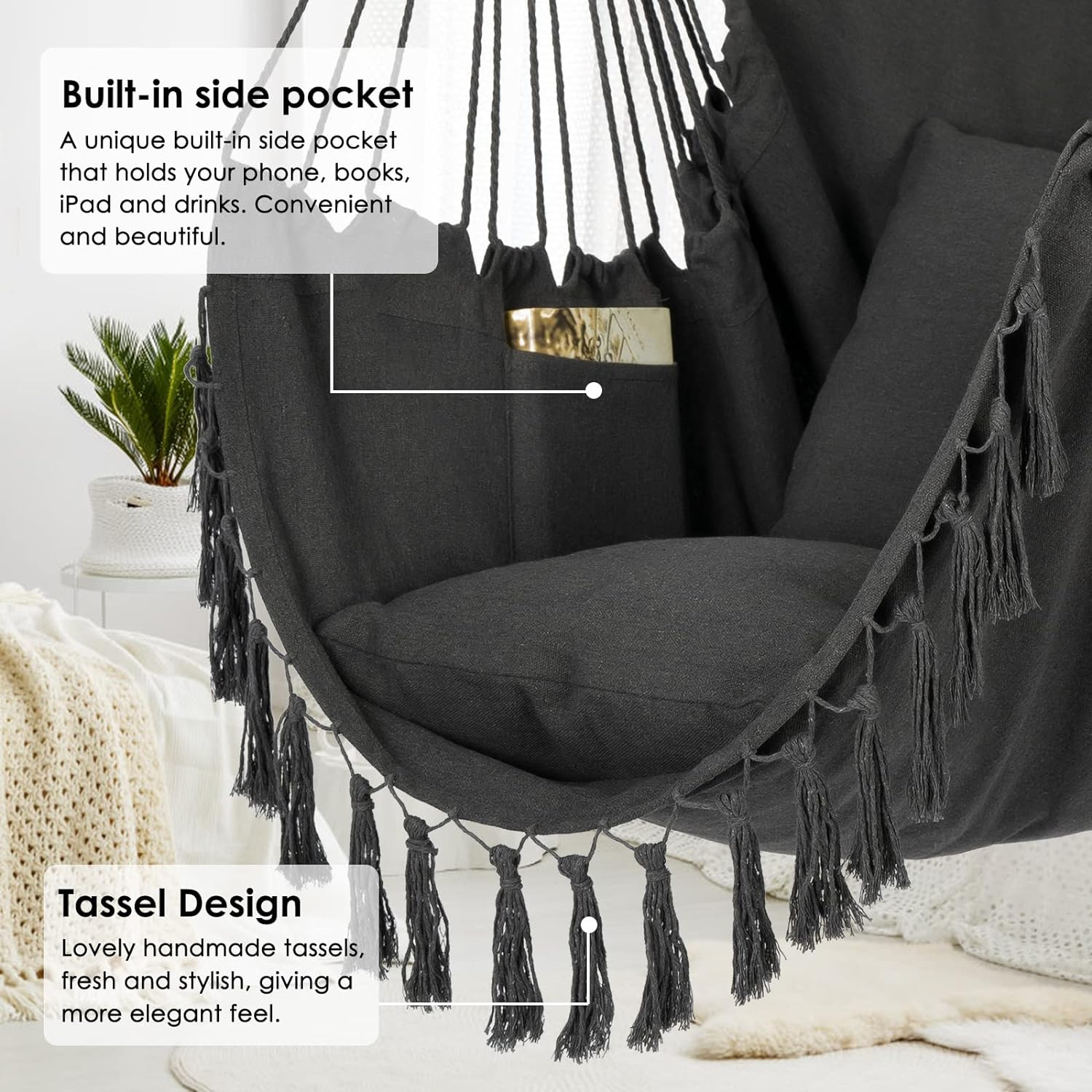 Y- STOP Hammock Chair Hanging Rope Swing, Max 500 Lbs, 2 Cushions Included, Large Macrame Hanging Chair with Pocket, Cotton Weave for Superior Comfort, Durability (Dark Grey)