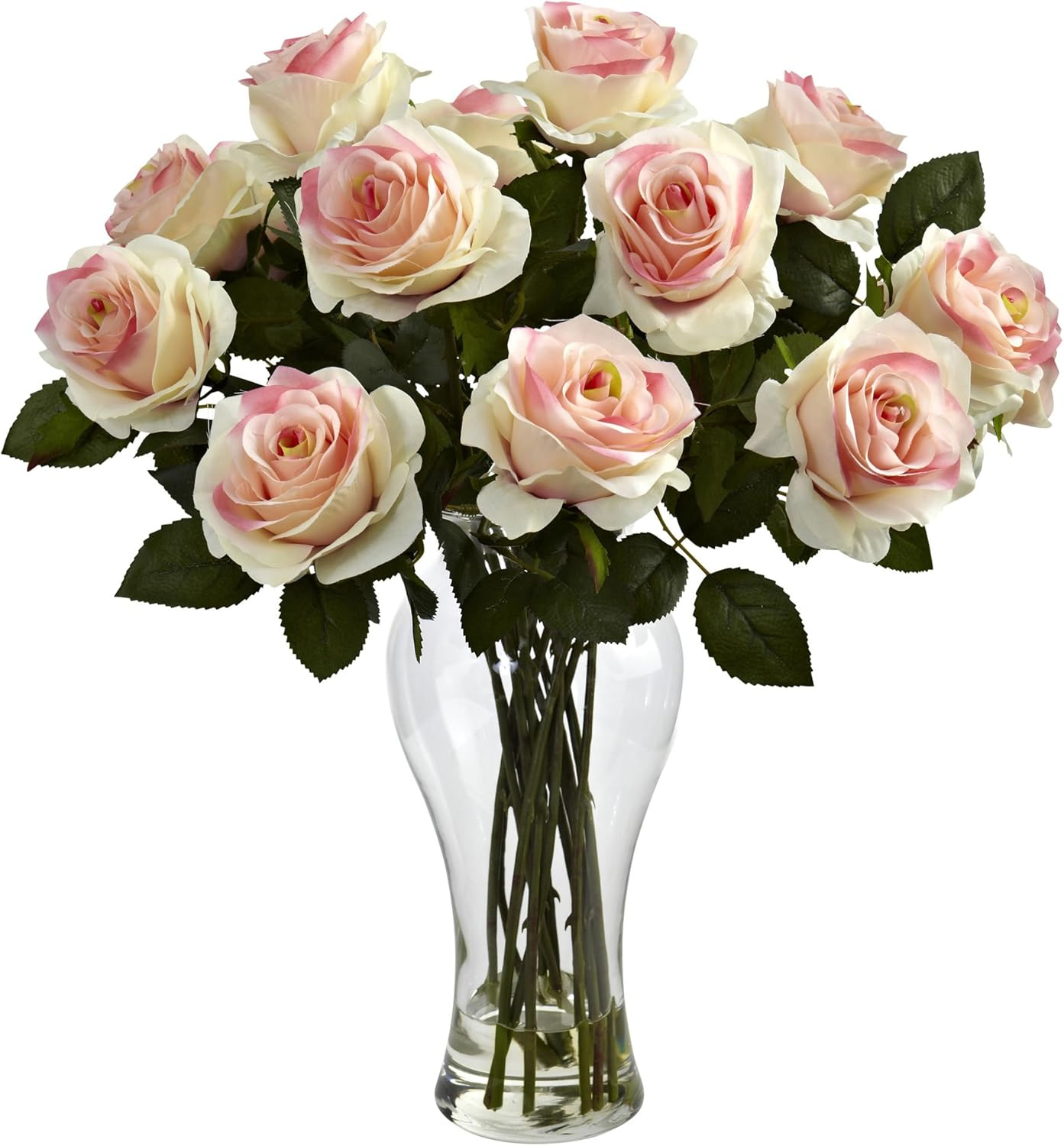 Nearly Natural Blooming Roses Artificial Flowers with Vase, Light Pink