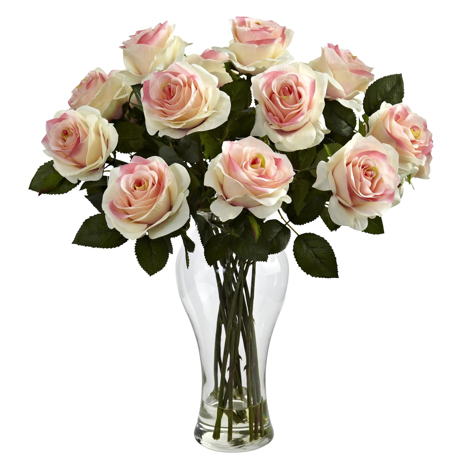 Nearly Natural Blooming Roses Artificial Flowers with Vase, Light Pink