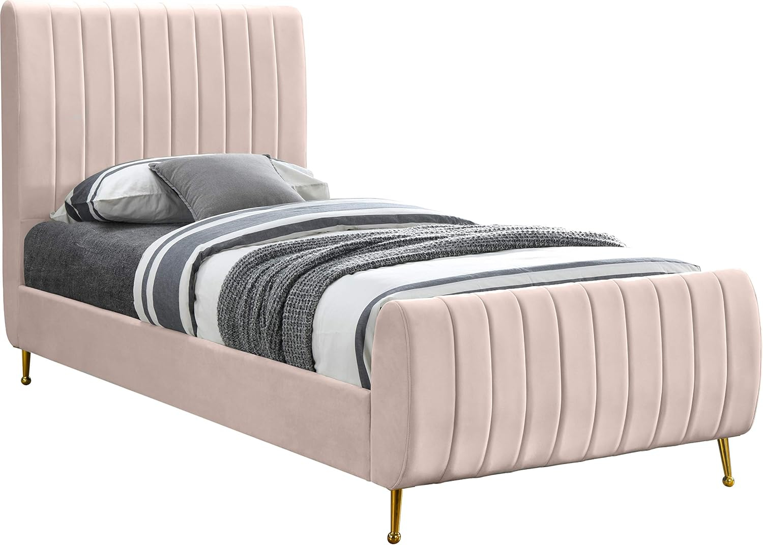 Meridian Furniture Zara Contemporary Queen Bed with Gold Legs and Slats, Pink Velvet
