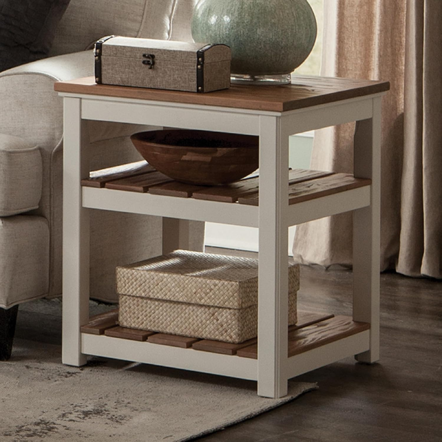 Alaterre Furniture Savannah 2 Shelf End Table, Ivory with Natural Wood Top