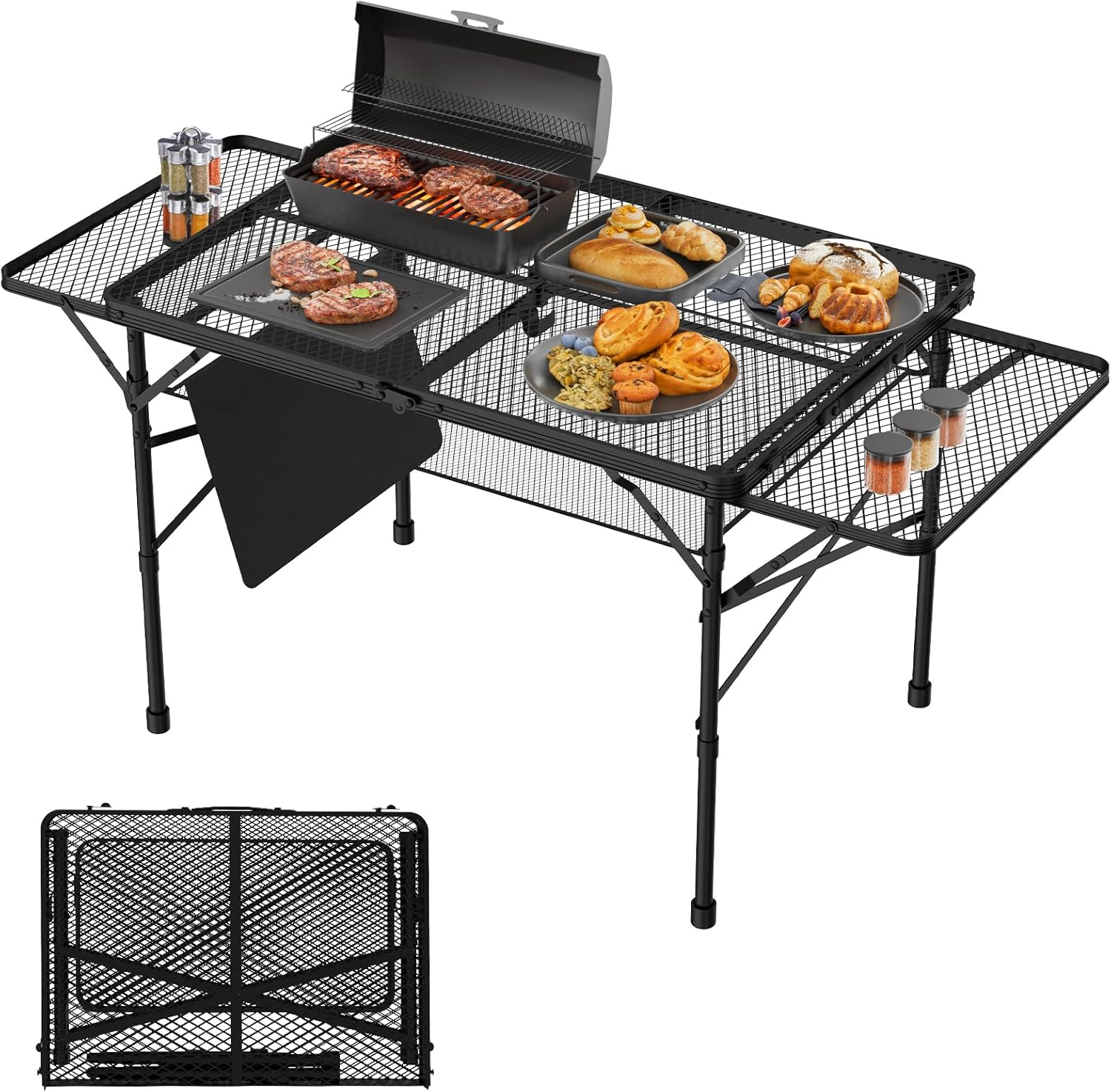 Black Metal Folding Camping Table with Mesh Panels