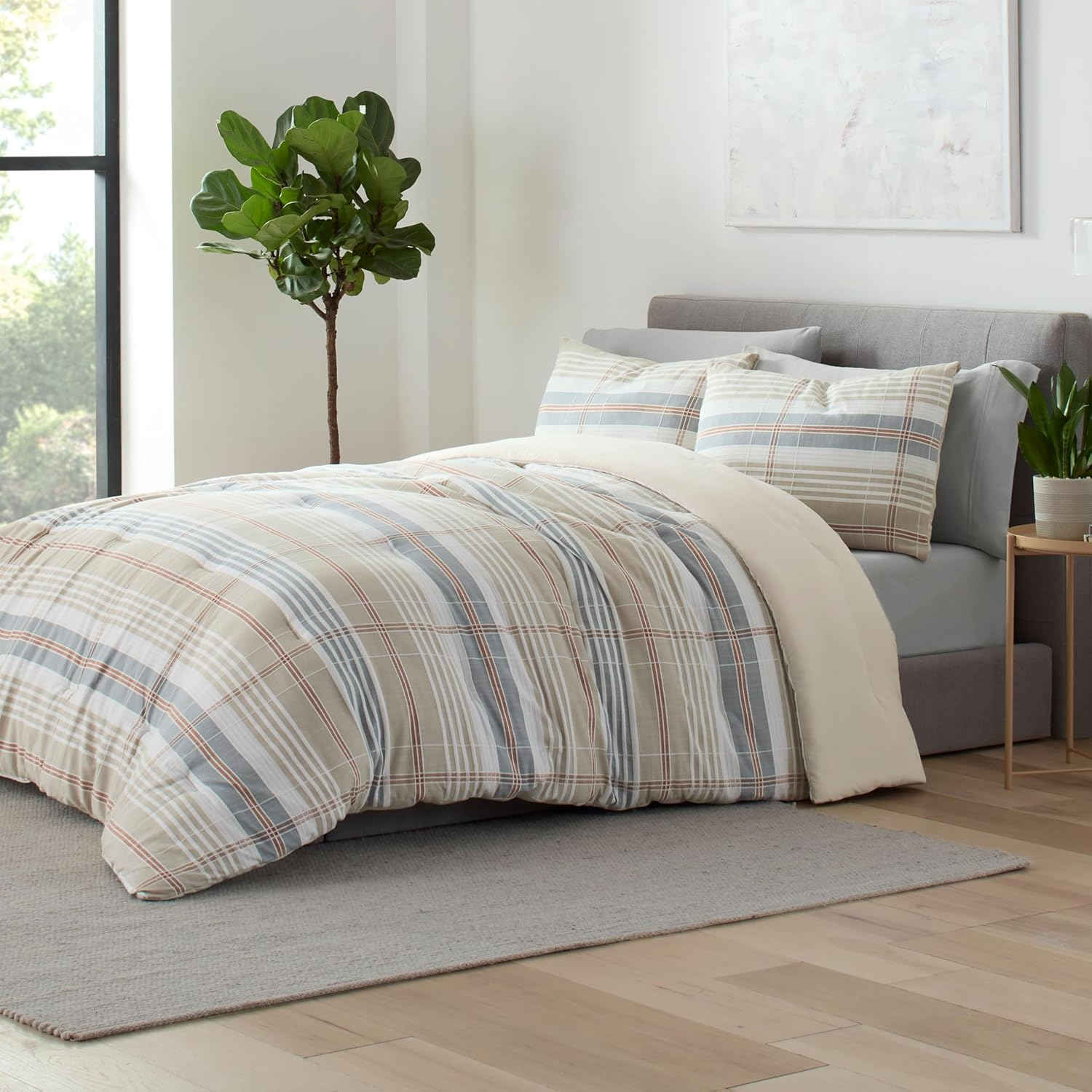 Vellux Oslo Plaid King Comforter Set, 3-Piece, 100% Cotton, Soft & Lightweight, 108x94, Taupe