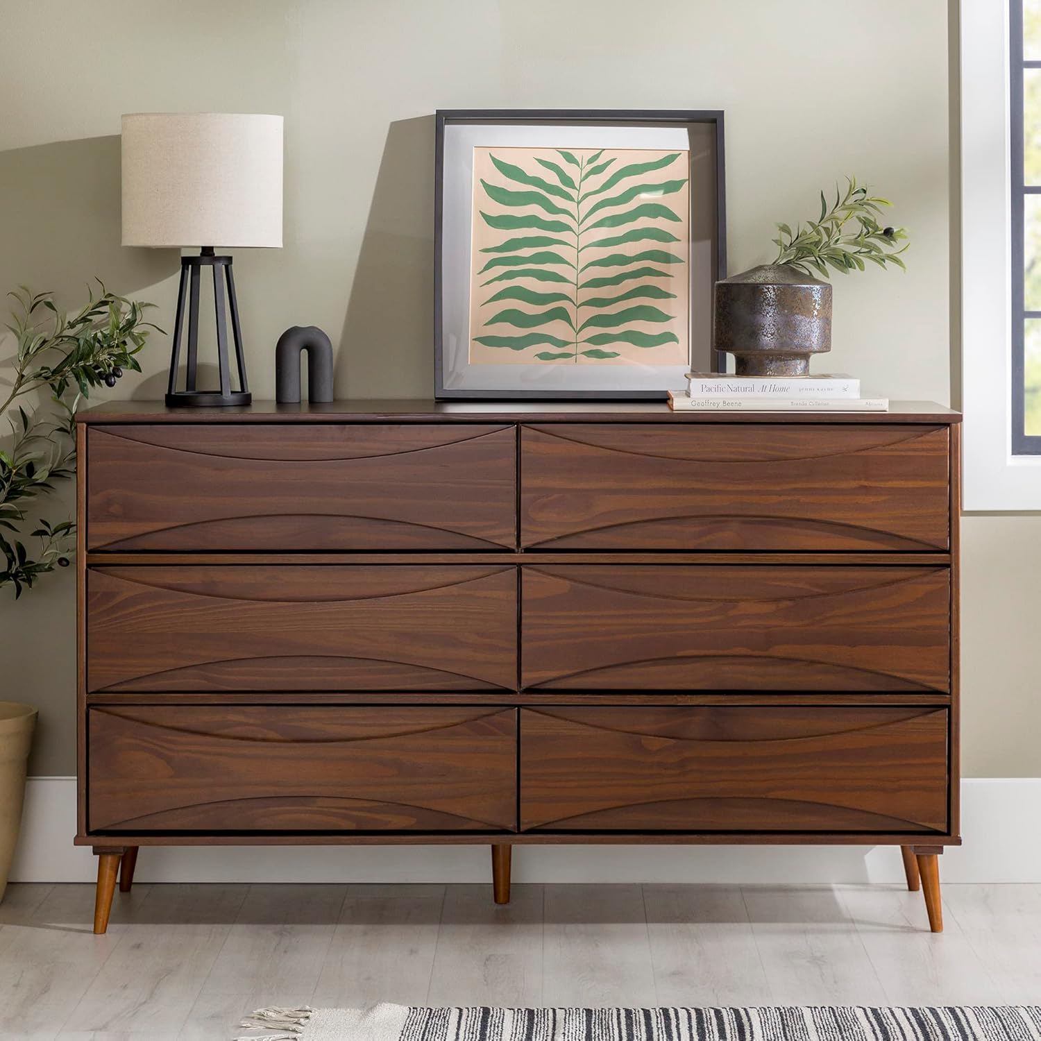 Walnut Mid-Century Modern 6-Drawer Solid Wood Dresser