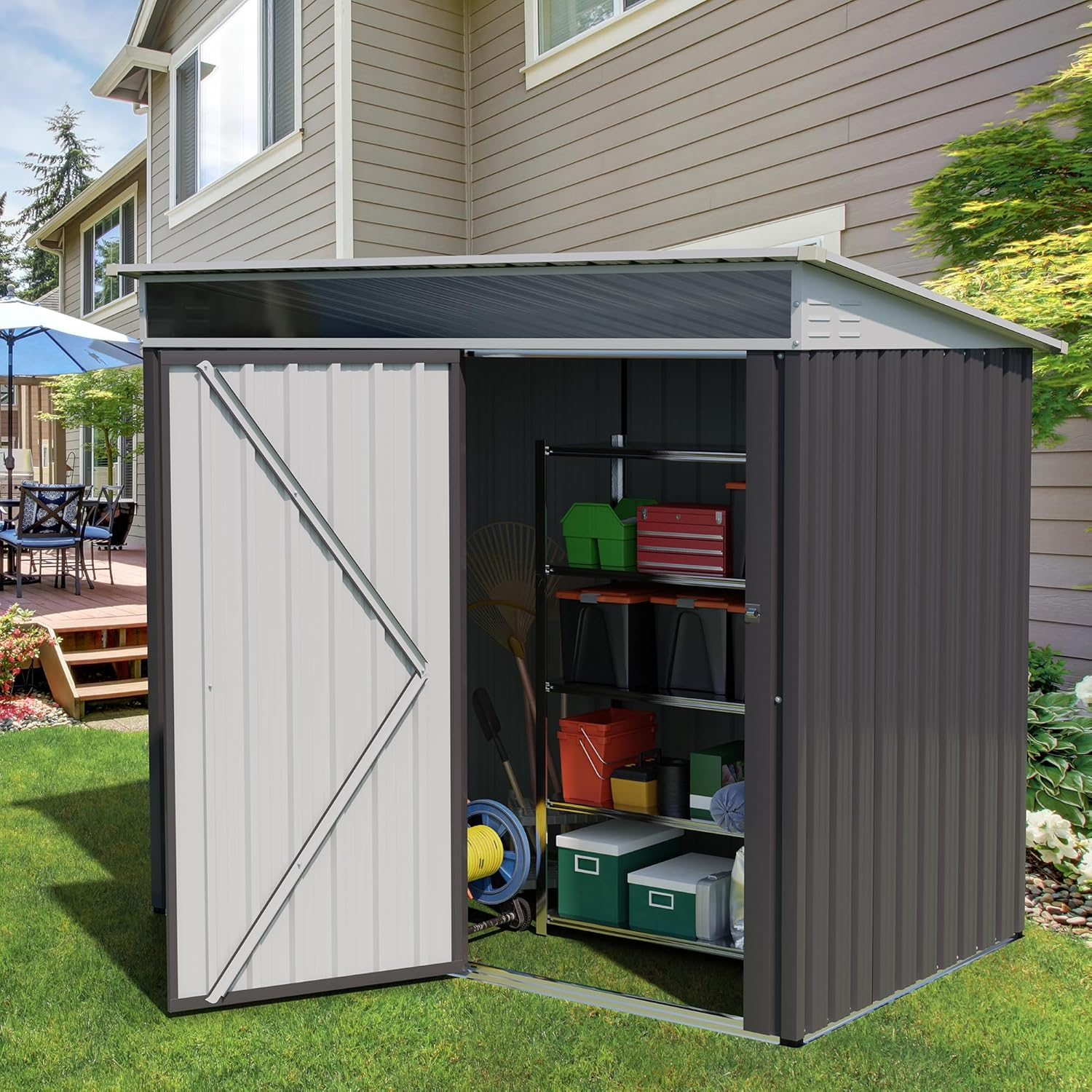 Futzca  6 x 4 x 6 FT Outdoor Metal Tool Shed Clearance with Lockable Door, Waterproof (Grey) - N/A 6x4x6 FT /Grey