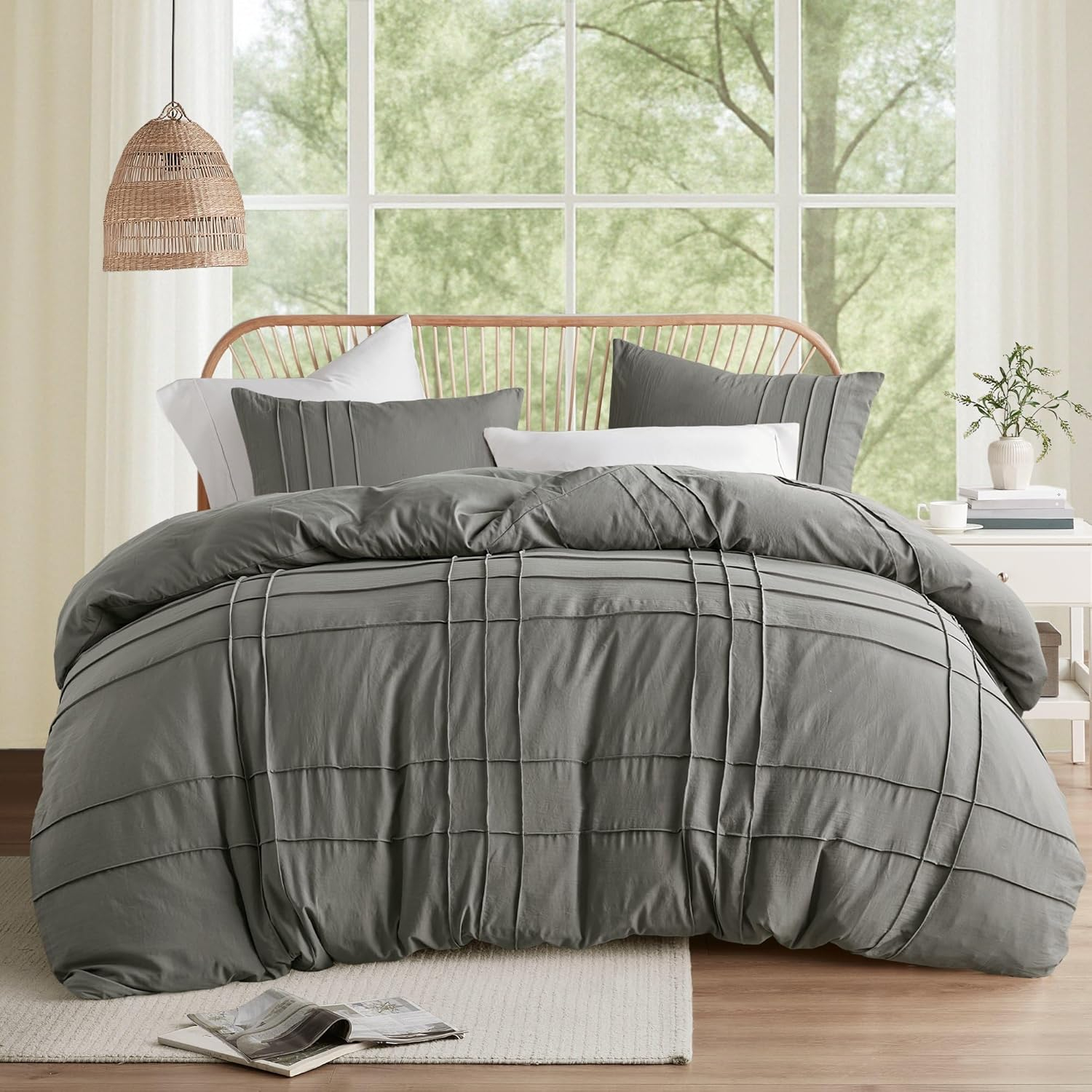 Comfort Spaces Grey Twin Size Duvet Cover Set - 2 Pieces Pintuck Pleated Duvet Cover All Season Lightweight, Extra Softness Pre-Washed Microfiber Twin Bedding Cover Shams, Twin/Twin XL