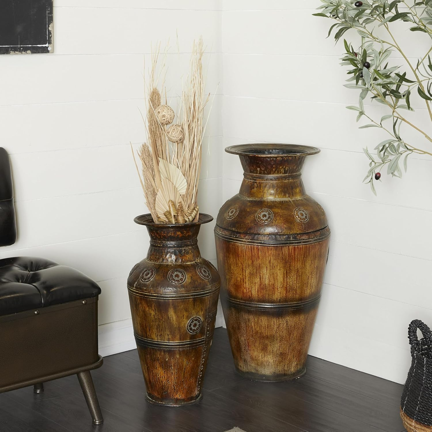 Deco 79 Metal Decorative Vase Indoor Outdoor Large Centerpiece Vases with Floral Relief, Set of 2 Flower Vases for Home Decoration 29", 22"H, Brown