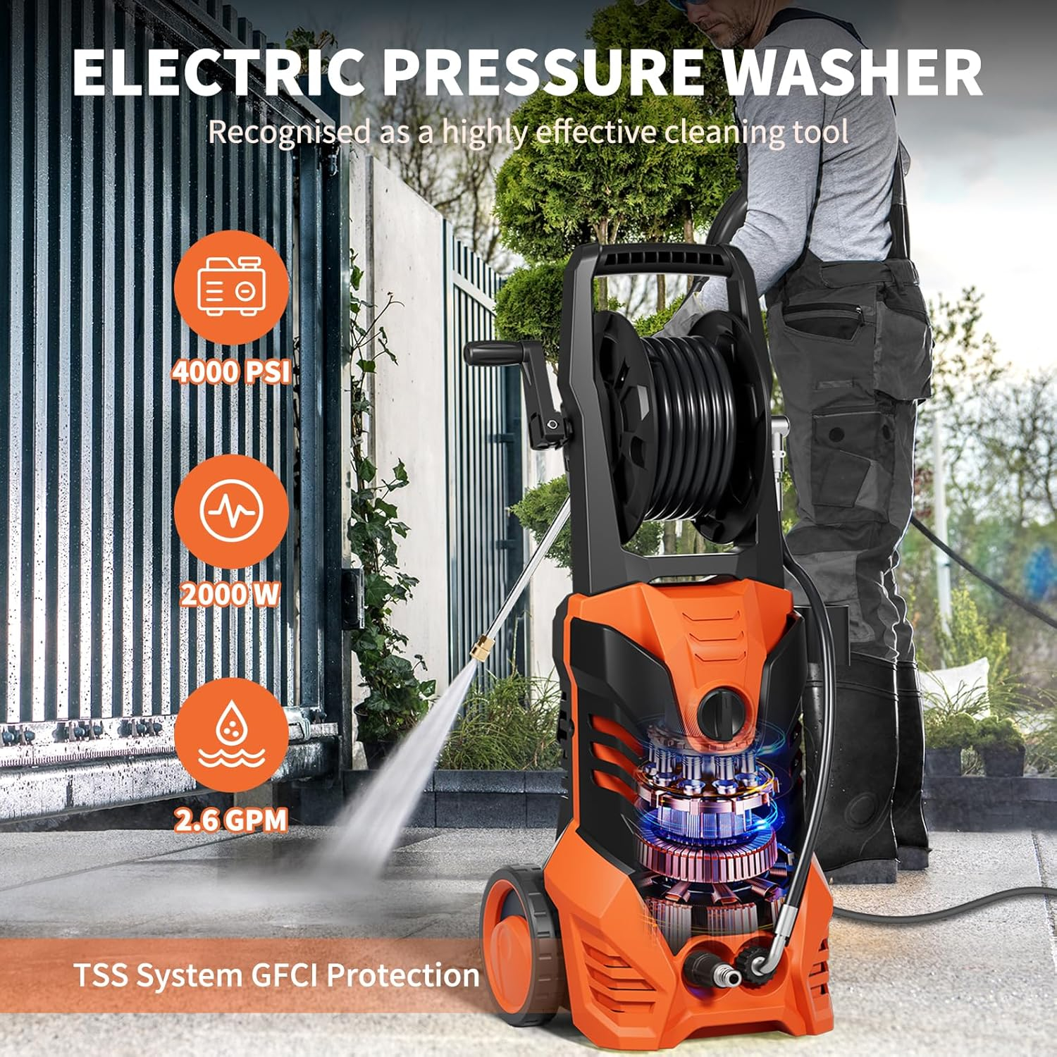 2200W 2.0 GPM Electric Pressure Washer with 5 Nozzles Orange