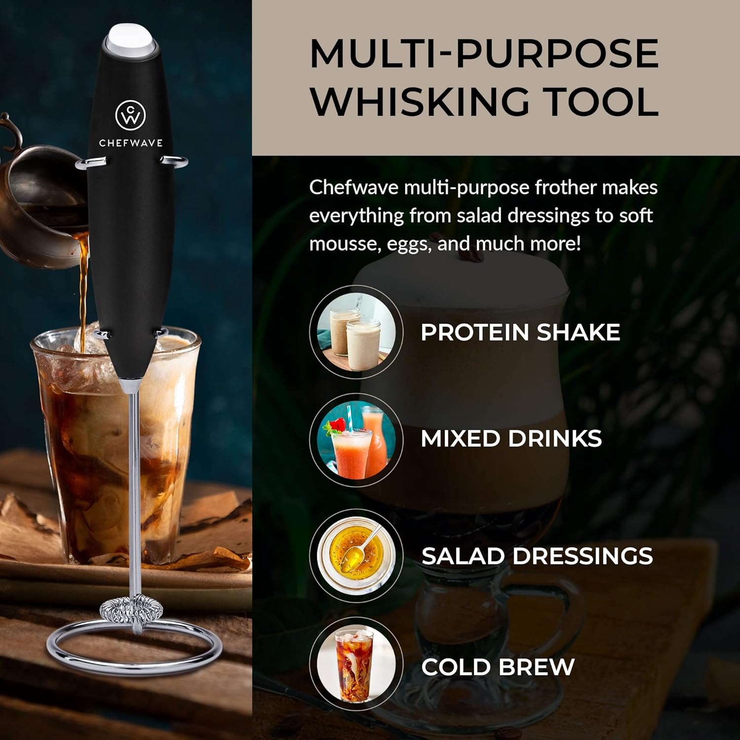 ChefWave Handheld Milk Frother (Black) with Stand - Stainless Steel Drink Mixer - Milk Foamer for Coffee, Lattes, Cappuccino, Frappe, Matcha, Hot Chocolate