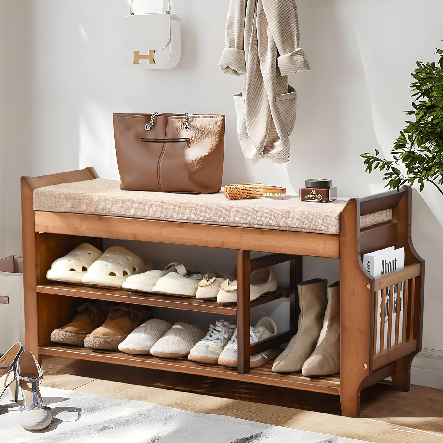 Bamboo 2-Tier Shoe Storage Bench with Hidden Drawer