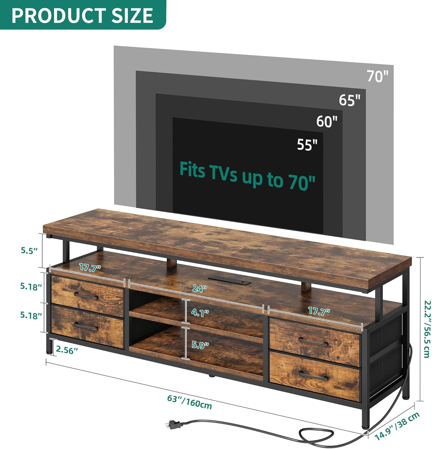 YITAHOME LED TV Stands for Living Room, TV Stand for 70/65 inch TV, Entertainment Center with Storage,LED TV Stand with 4 Fabric Drawers,Modern Industrial TV Console Cabinet,Retro Brown