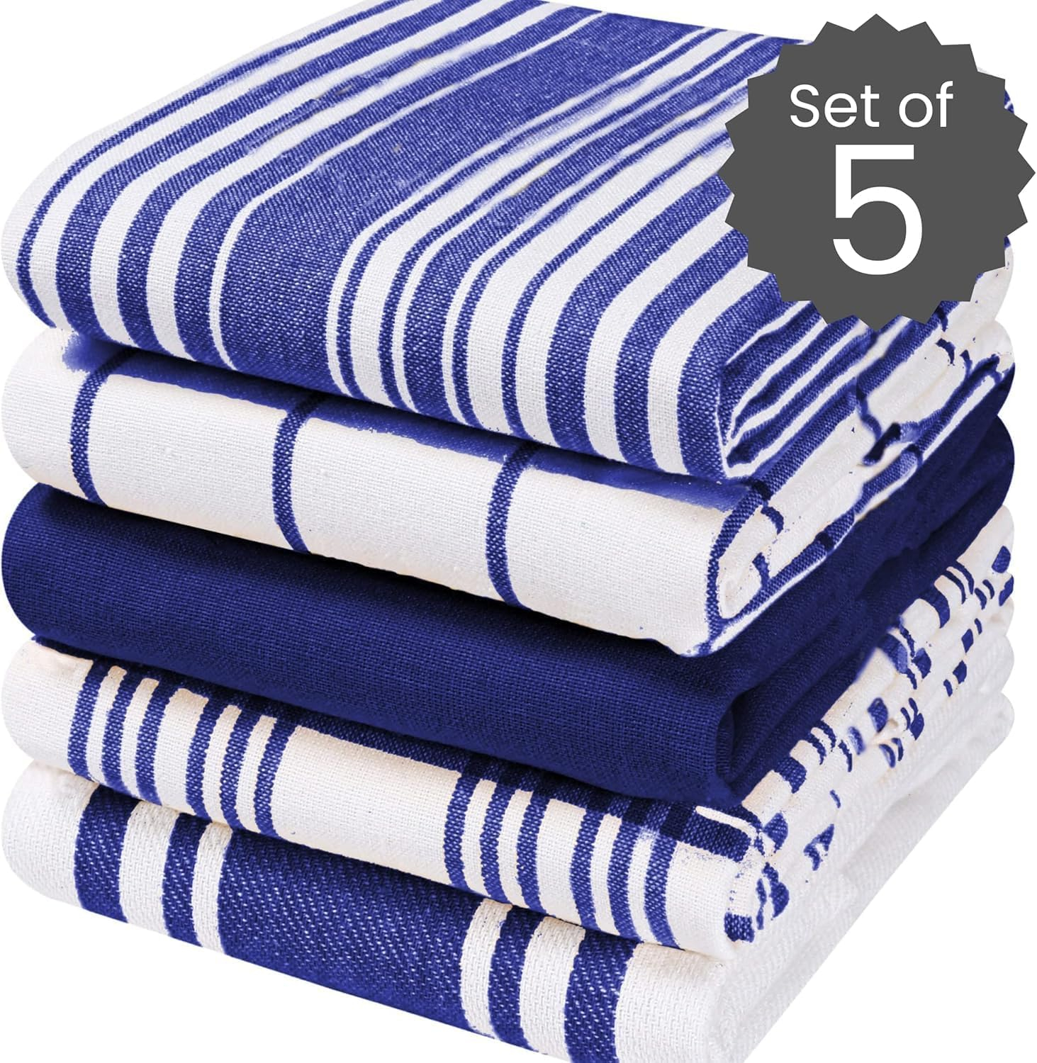Cotton Clinic Assorted Kitchen Linen 5 Pack Soft Absorbent Quick Drying Table & Kitchen Towels with Hanging Loop 16x28 / Navy White