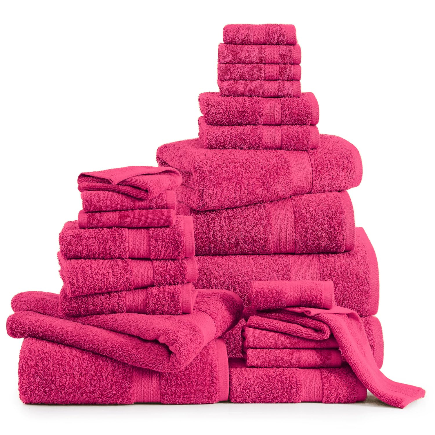 LANE LINEN 100% Cotton Bathroom Towel Set - 24 Pcs - Ring Spun, Super Soft & Highly Absorbent - 2 Bath Sheets, 4 Fingertip, 4 Bath, 6 Hand Towels, 8 Washcloths - Wide Variety of Colours - Fuchsia