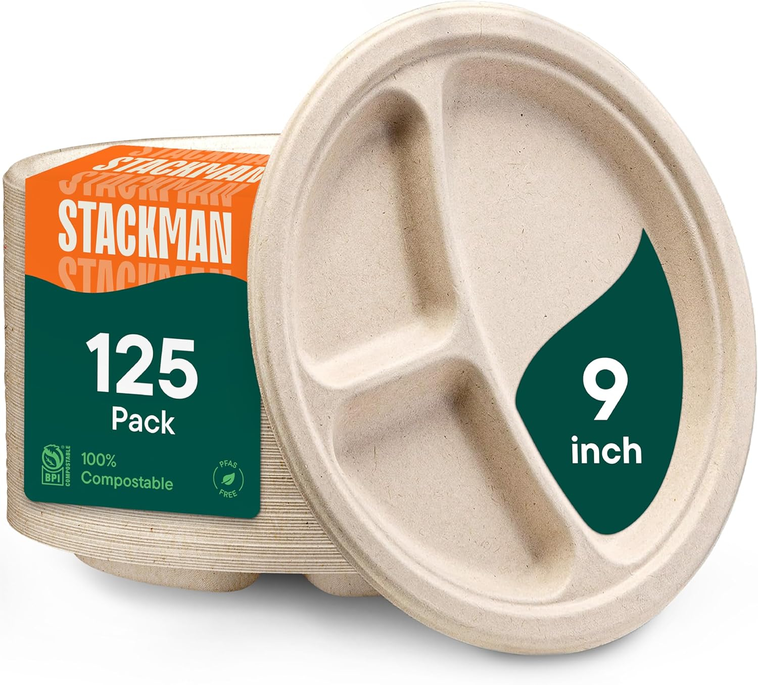 Stack Man 100% Compostable, 3 Compartment Section, Disposable Paper Plates [9 in. - 125-Pack] -Heavy Duty Biodegradable, BBQ, Lunch Trays