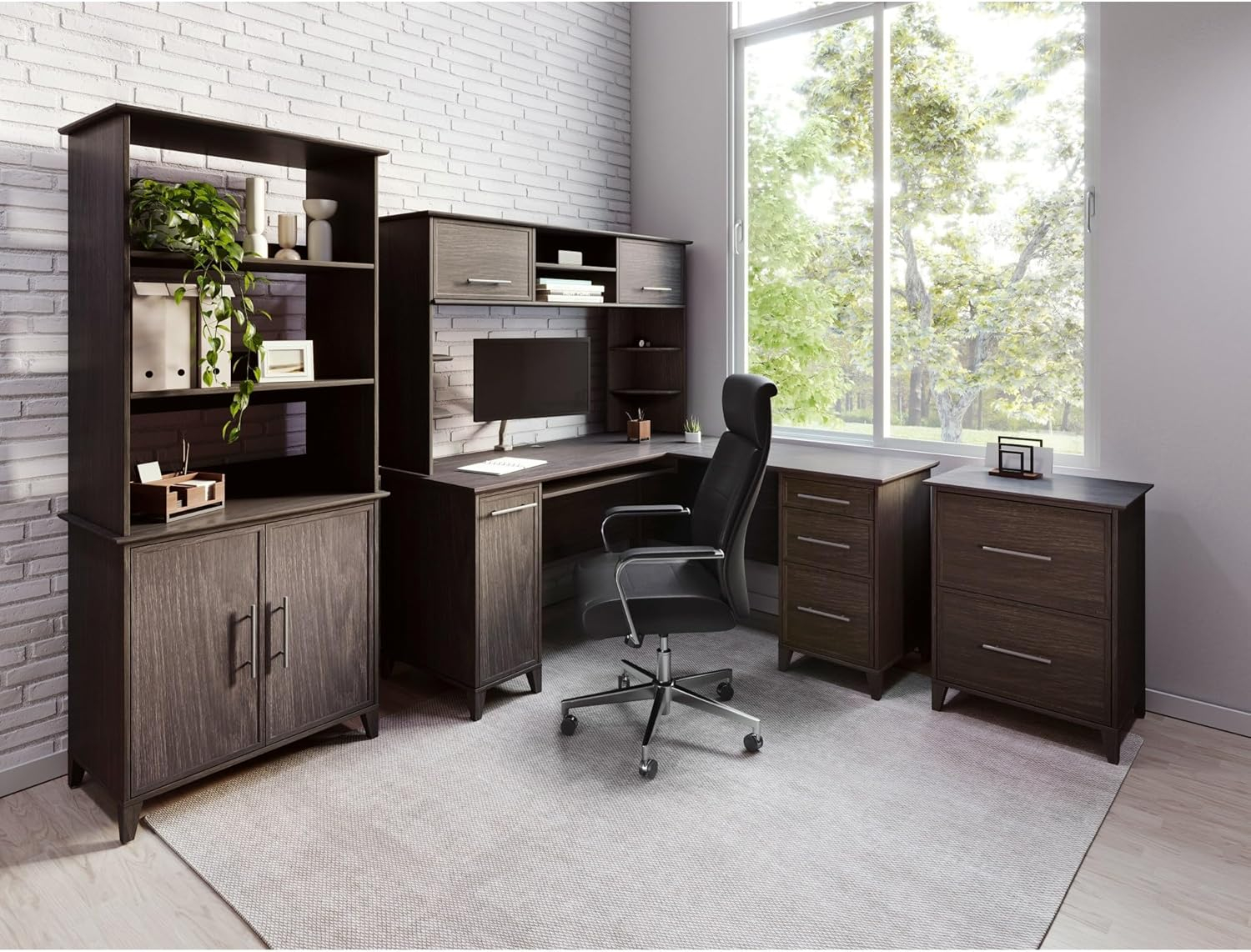 Realspace® Koru 60"W L-Shaped Corner Computer Desk With Integrated Power & Charging, Espresso Oak
