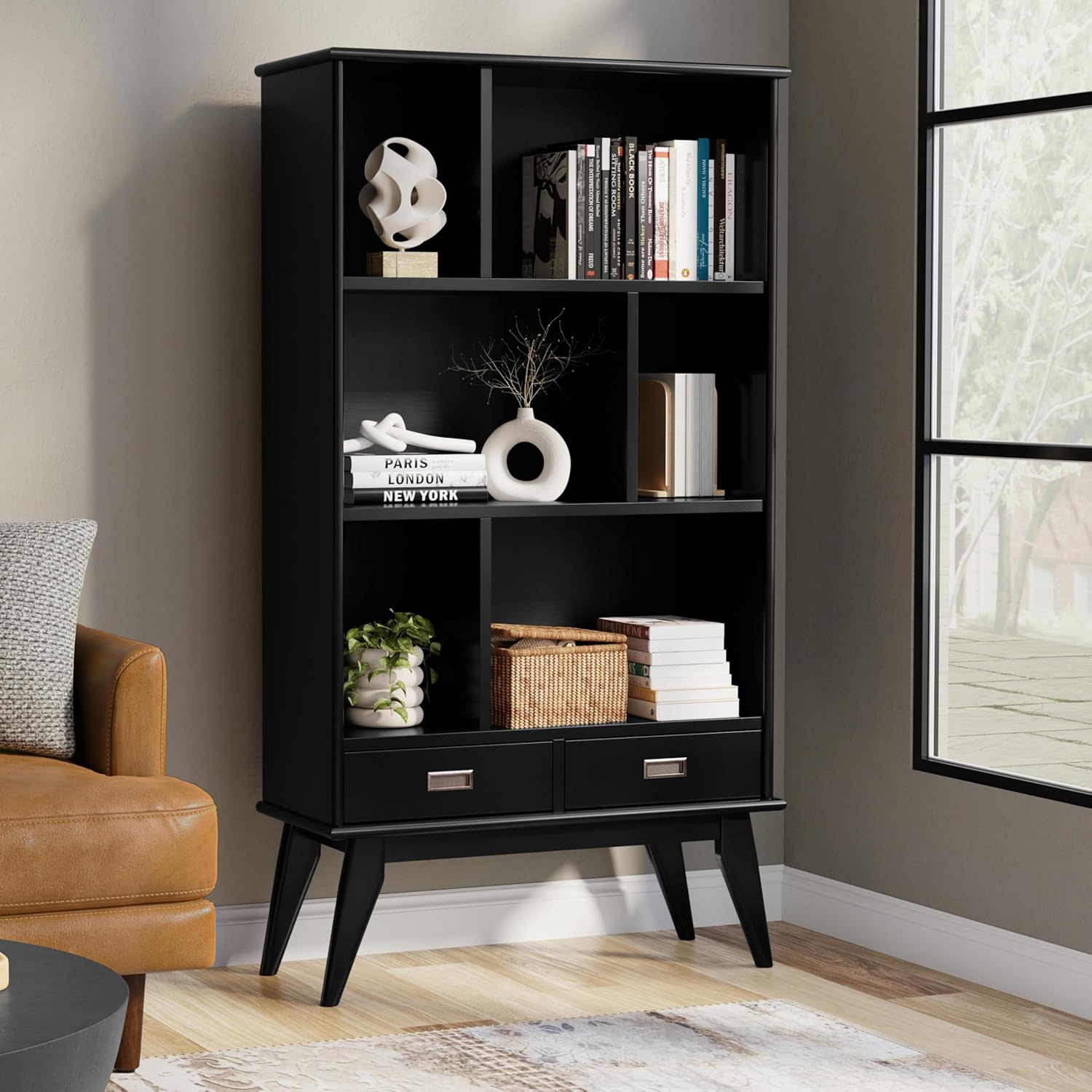 Simpli Home Draper SOLID HARDWOOD 64 inch x 35 inch Mid Century Modern Wide Bookcase and Storage Unit in Black