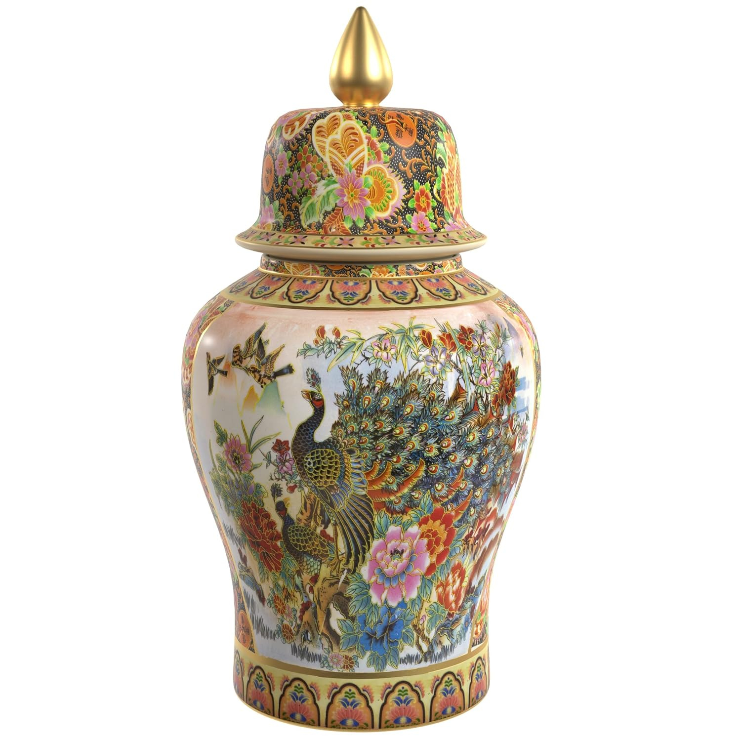 24" Blue and White Porcelain Temple Jar with Lid