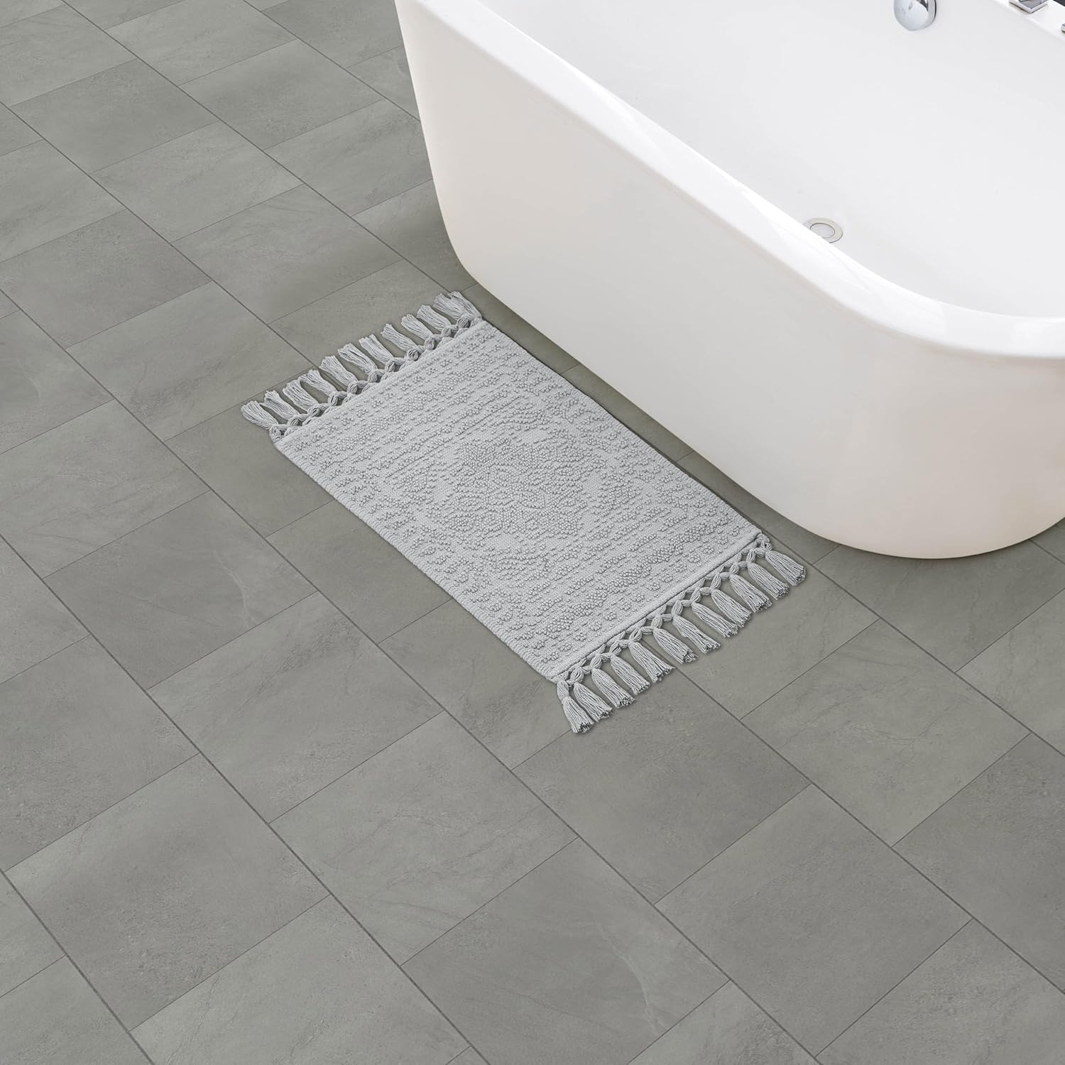 French Connection Nellore Bathroom Rugs, Woven and Beaded Bathroom Mats, Durable Bath Rugs, Thick Bath Mats for Bathroom and Shower Rugs, 17" x 28", Light Grey