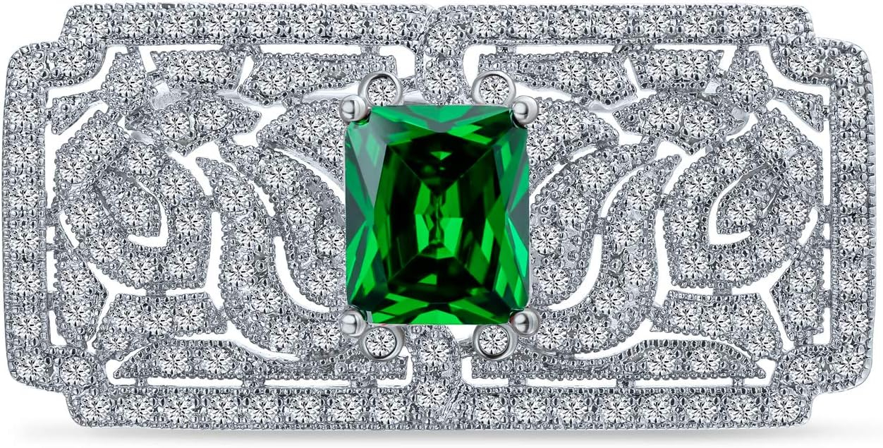 Bohemian Green CZ Rectangle Brooch Pin for Women Silver Plated Dainty Emerald Birthstone Vintage Filigree Geometric Brooches Lapel Pins Dress Accessories Wedding Mother's Birthday Jewelry Gift