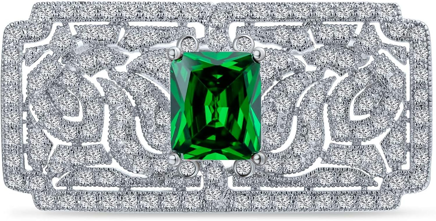 Bohemian Green CZ Rectangle Brooch Pin for Women Silver Plated Dainty Emerald Birthstone Vintage Filigree Geometric Brooches Lapel Pins Dress Accessories Wedding Mother's Birthday Jewelry Gift
