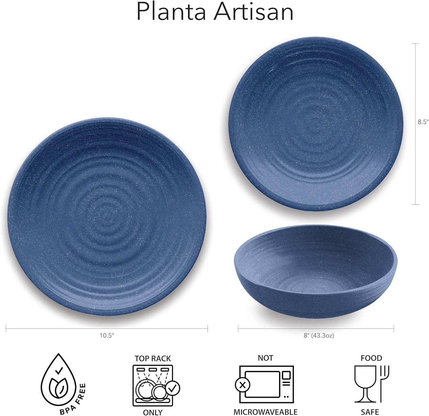 TarHong Planta Artisan Solids Low Bowl, Planta (Majority Plant Based with Melamine Binder), Shatterproof, Indoor/Outdoor Entertaining, Matte Blue, Set of 6