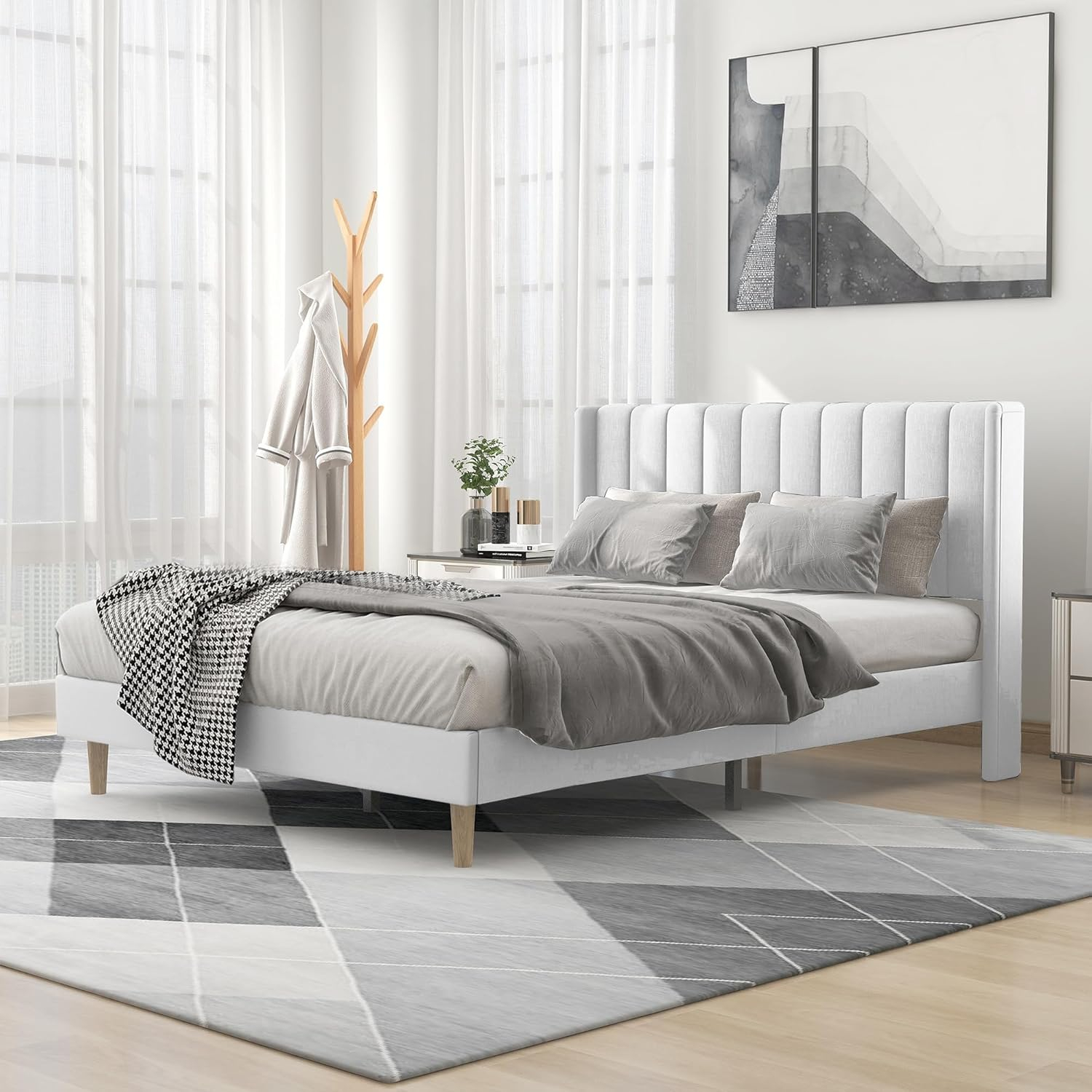 Alazyhome  Upholstered Platform Bed Frame No White Linen Queen