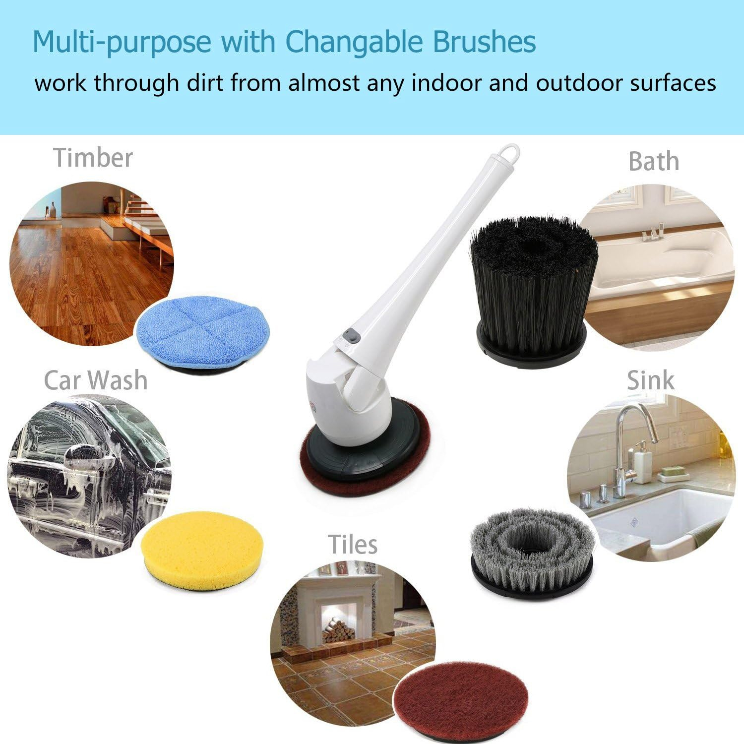 Floor Scrubber Machine, Electric Spin Scrubber Cordless Power Scrubber with Extension Handle & 5 Cleaner Brushes for Bathroom Tub Tile Kitchen Hard Floor Grout Pool