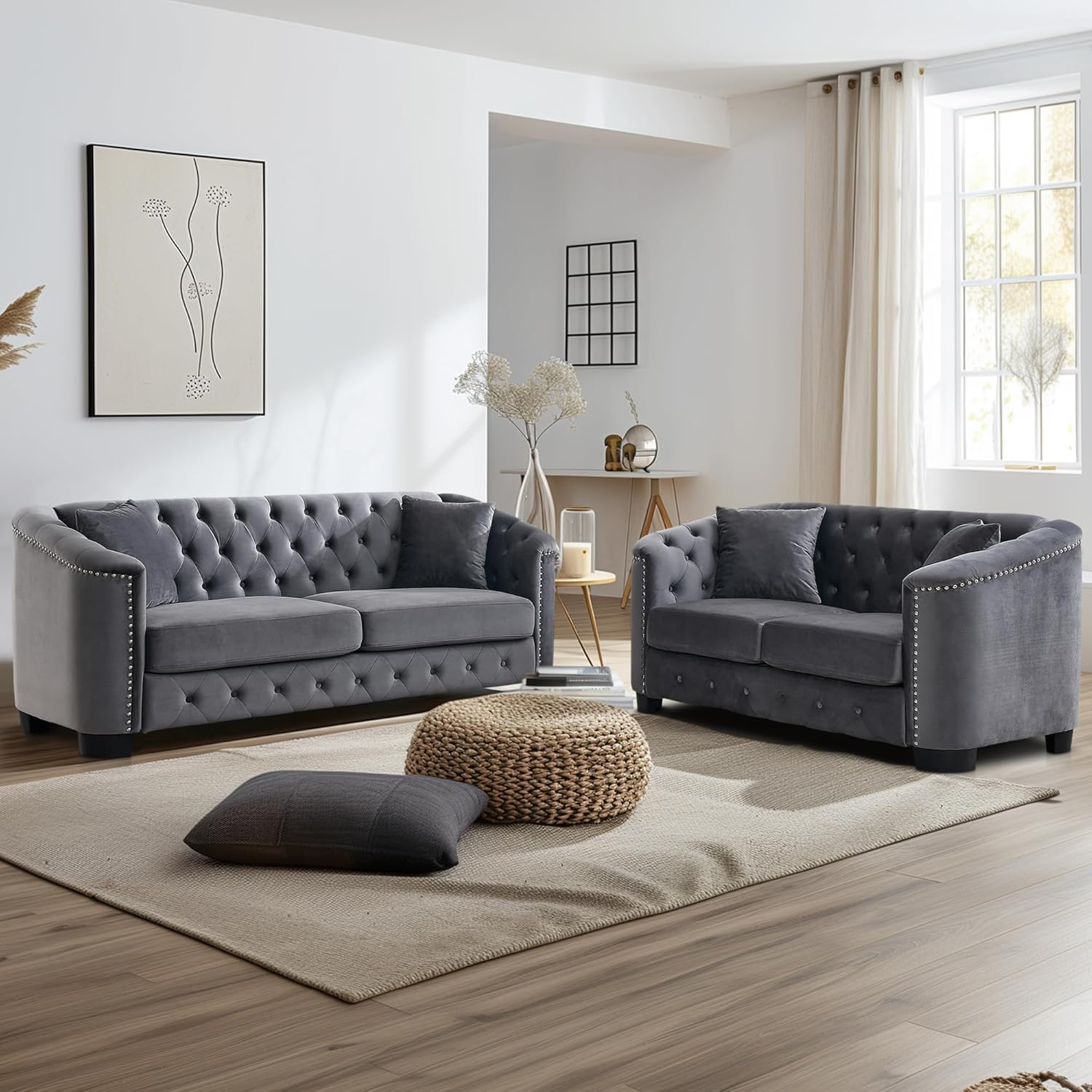 House of Hampton® House of Hampton® 2 Piece Chesterfield Sofa Set, Upholstered 77" Velvet 3 Seater Sofa + 59" Velvet Loveseat