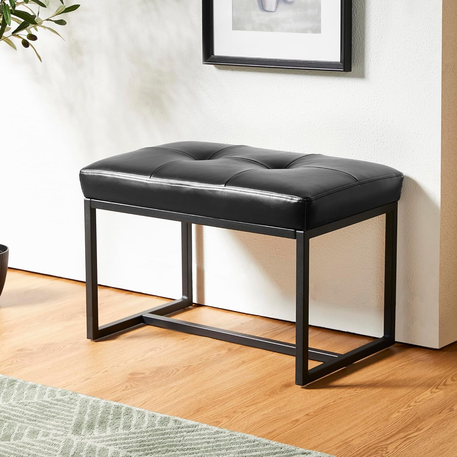 Modern Black Faux Leather Tufted Ottoman with Metal Frame