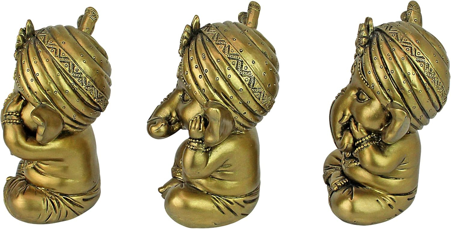 Pacific Giftware Set of Three Ganesha See No Evil Hear No Evil Speak No Evil Decorative Shelf Sitter Figurines 4 inch Tall Gold Finish