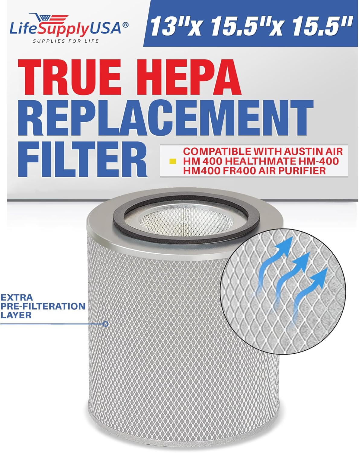 LifeSupplyUSA True HEPA Filter Replacement Compatible with Austin Air HM 400 HealthMate HM-400 HM400 FR400 Air Purifier