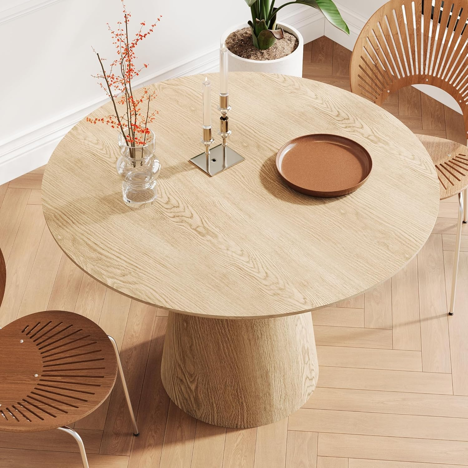 Round Dining Table for 4 to 6, 47.24" Modern Wood Kitchen Table Mid Century Circular Tabletop Curved Base Restaurant Furniture for Dining Room Kitchen Leisure Coffee Table, Oak