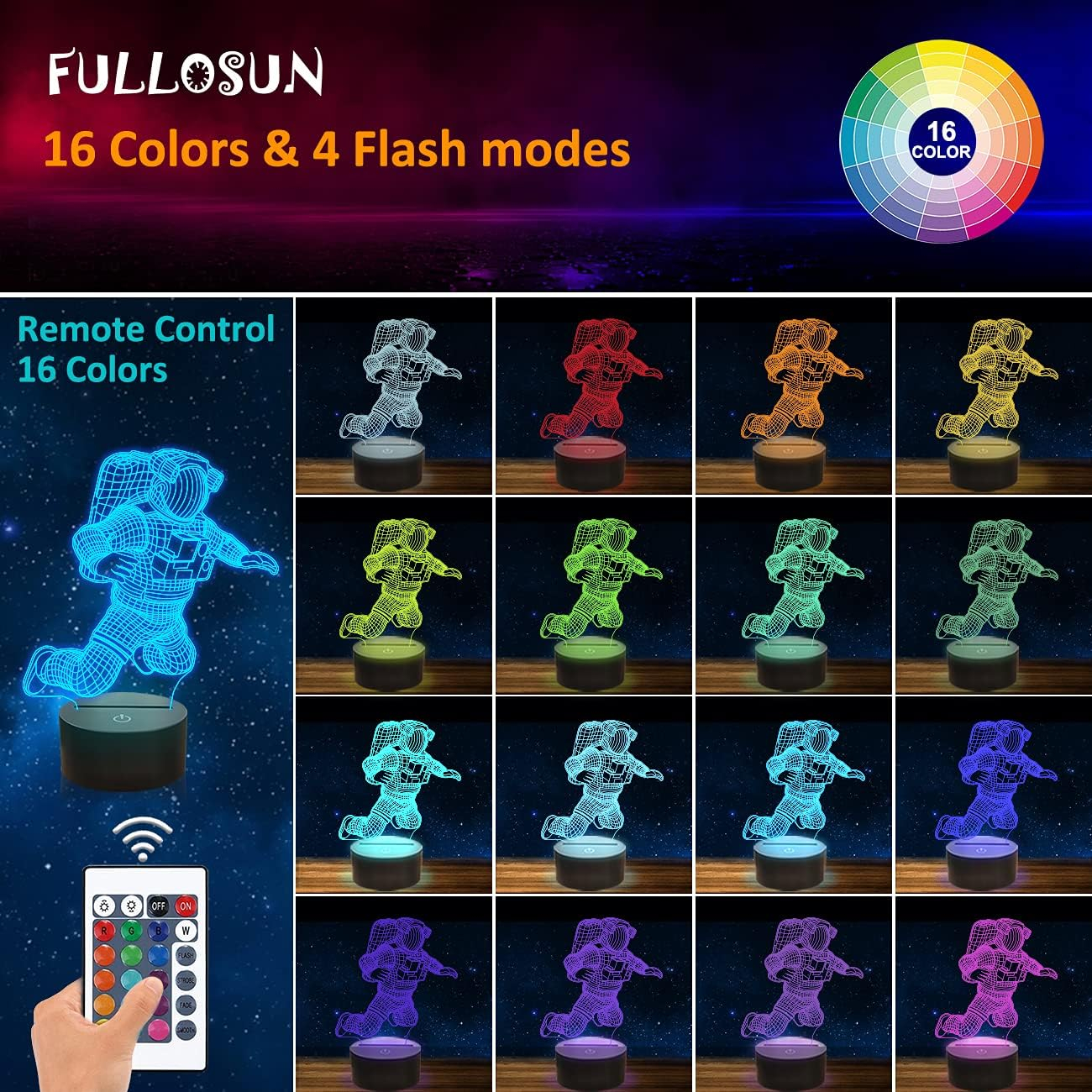 YSTIAN Spaceman 3D Night Light, Astronaut Rocket Optical Illusion Lamp Home Decor Bedroom Light with Remote Control 16 Colors Changing Xmas Birthday Gift for Outer Space Fan