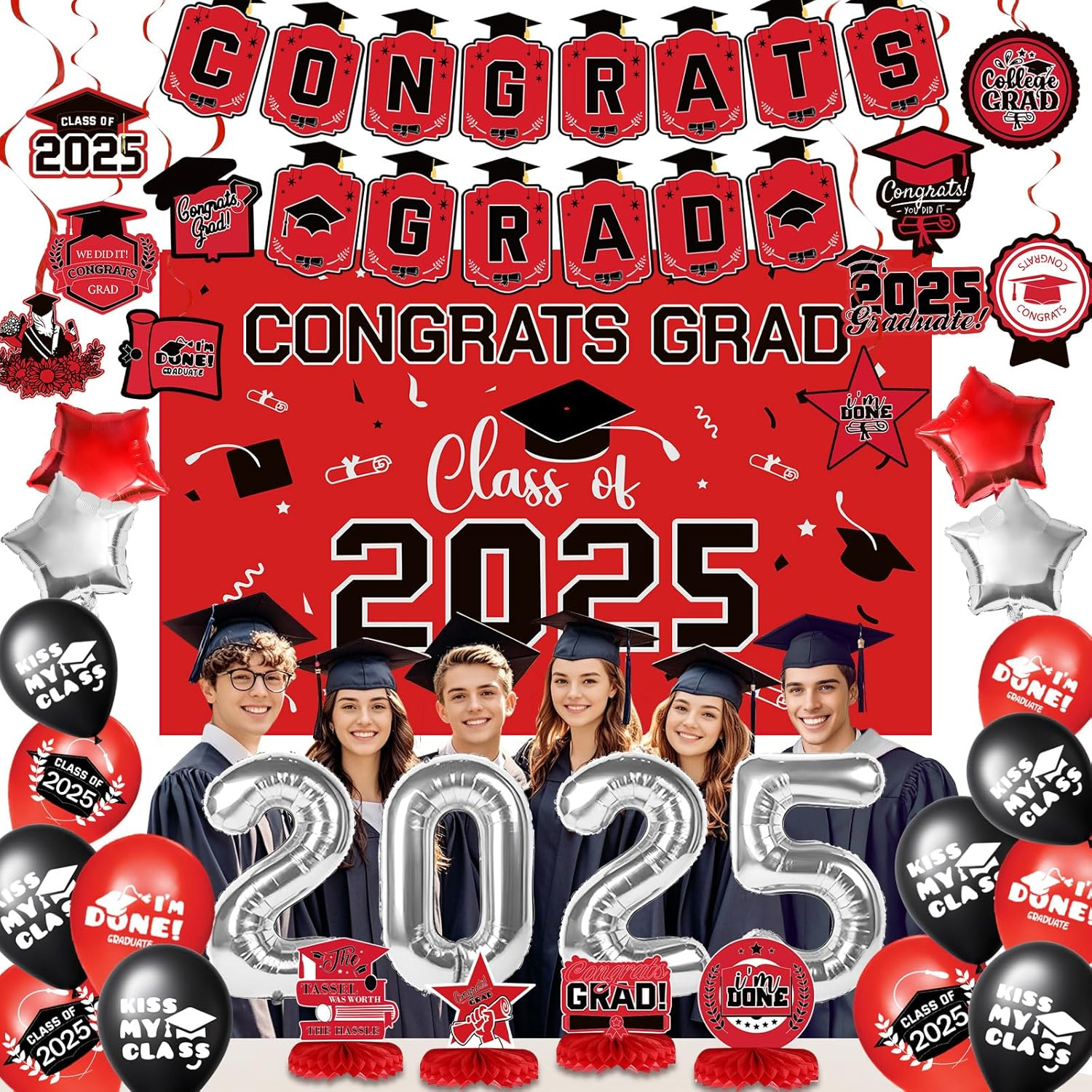 Graduation Decorations 2025, Graduation Decorations Class of 2025, Red Themed 2025 Graduations Party Decorations Include Banner, Backdrop, Balloons Kit, Foil Number 2025 for Grad Party Supplies