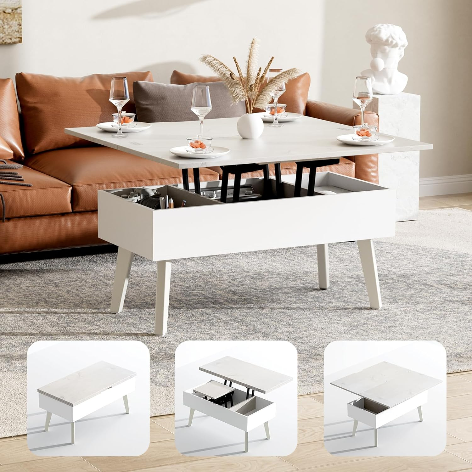 Lift Top Coffee Table, Ten Minute Install Table Center with Hidden Storage Compartments, Rising Tabletop Dining for Living Room，Walnut