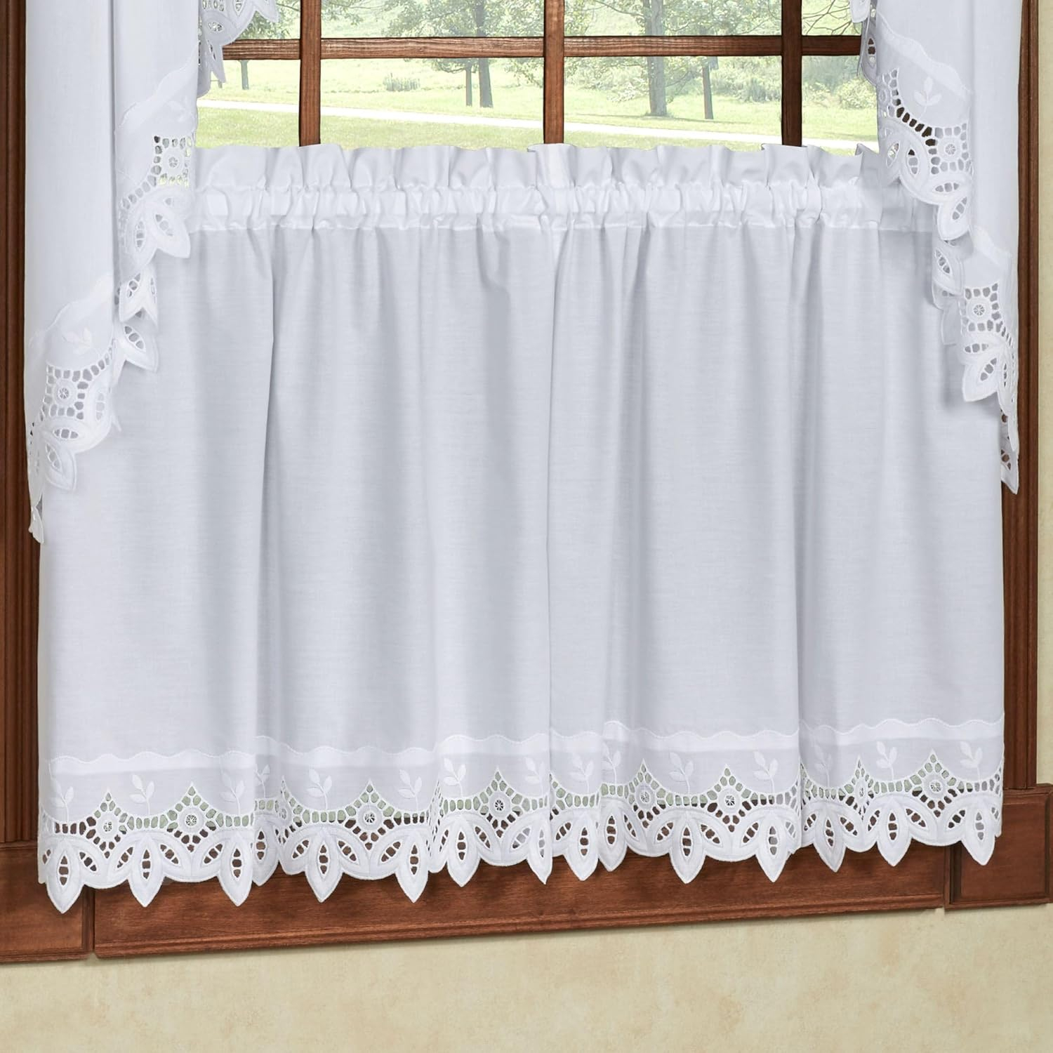 Ecru Cotton Polyester Sheer Lace Detail Tier Curtains