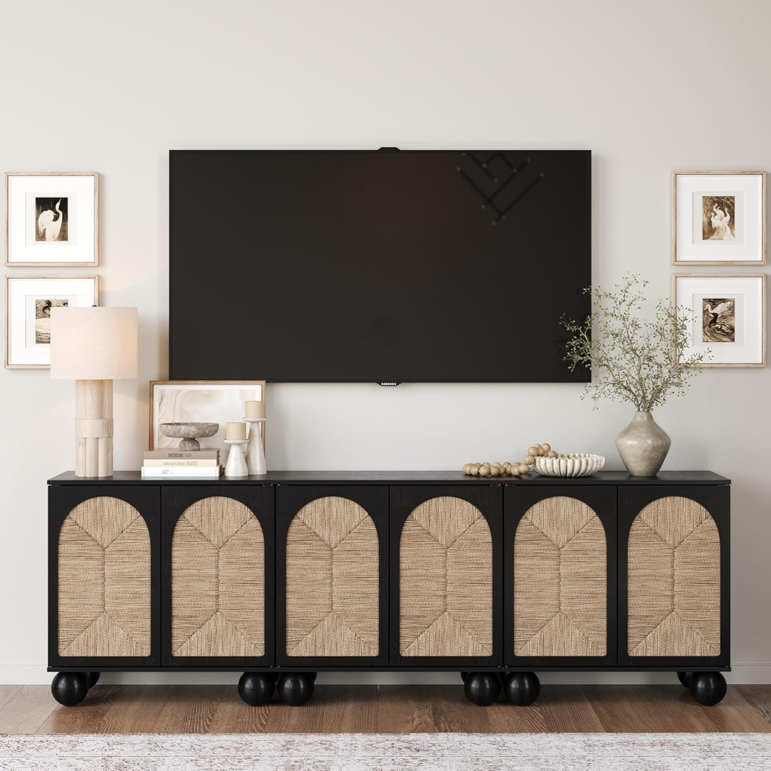 Black Seagrass Bohemian TV Stand with Solid Wood Legs