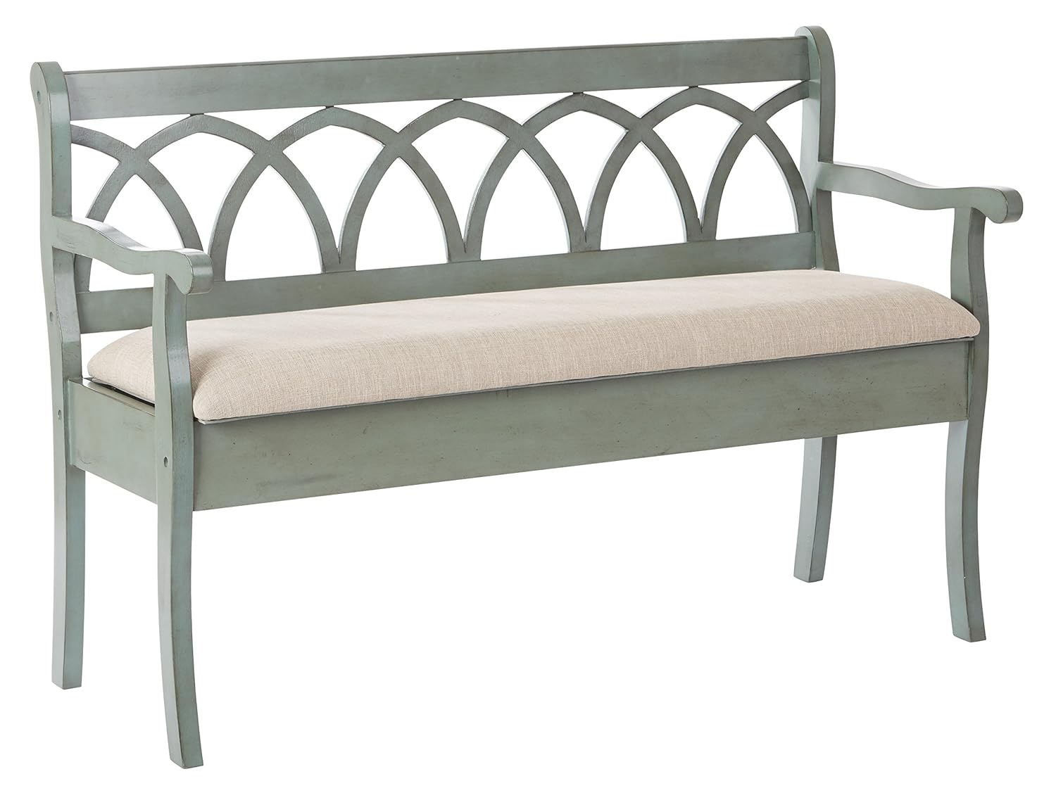 OSP Home Furnishings Coventry Storage Bench in Antique Sage Frame and Beige Seat Cushion K/D