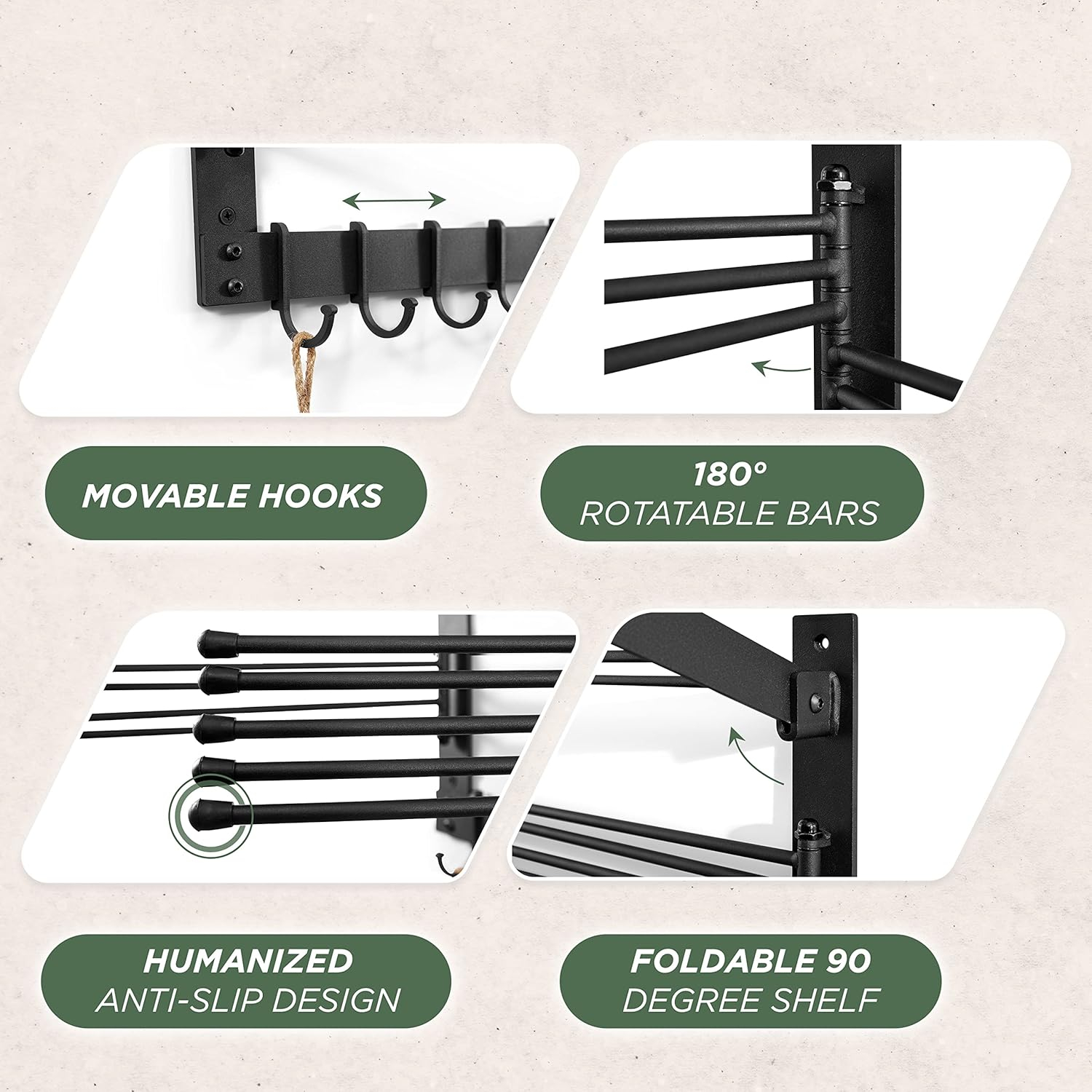 BATODA Wall-Mounted Steel Clothes Drying Rack - Swivel Towel Hanger for Laundry Room & Bathroom - Space Saver (Steel)