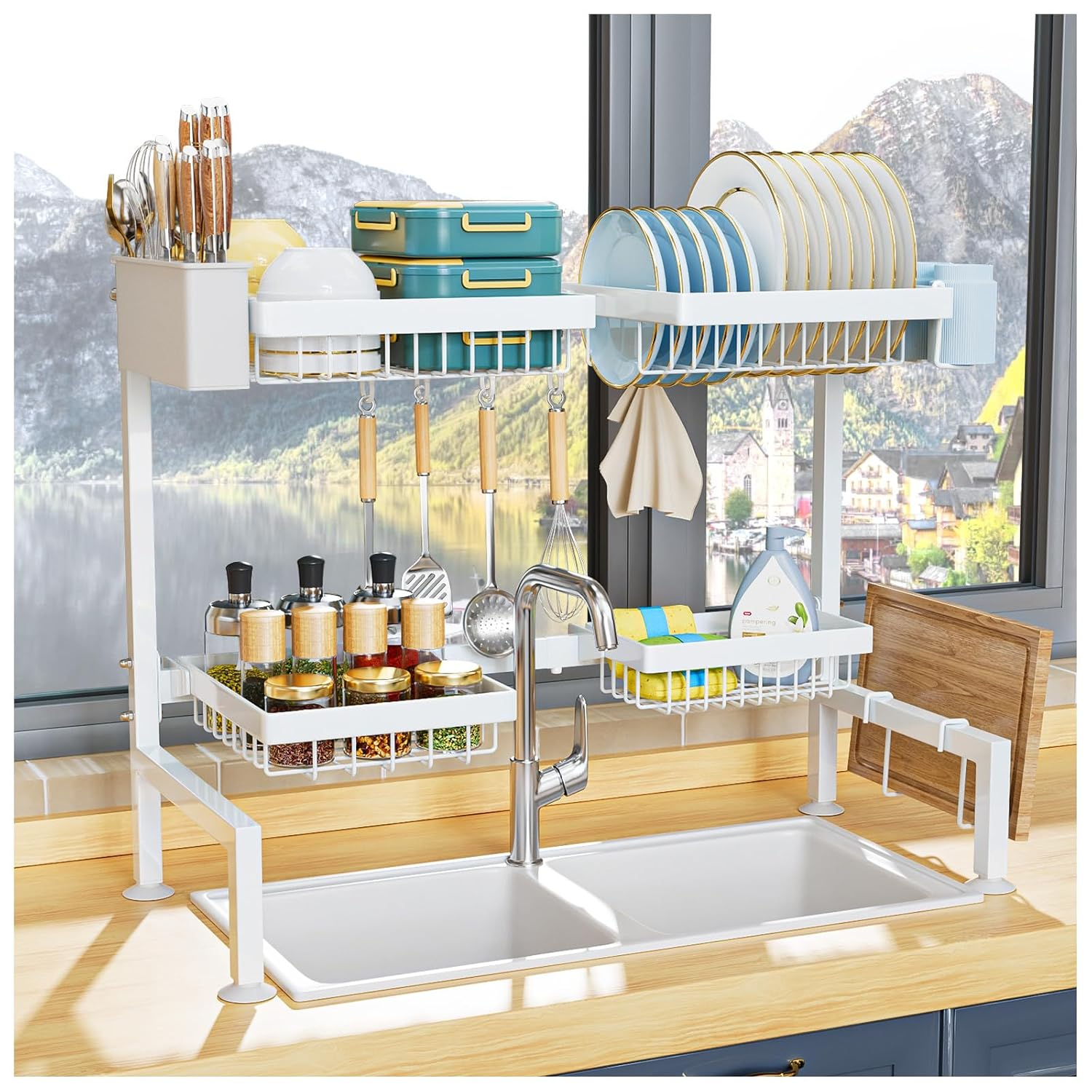 YKLSLH Over Sink Dish Drying Rack, Expandable Large Drying Rack, Suitable for Most Sinks (24.8"-35.4"), Adjustable Metal Rack, Space Saving, White