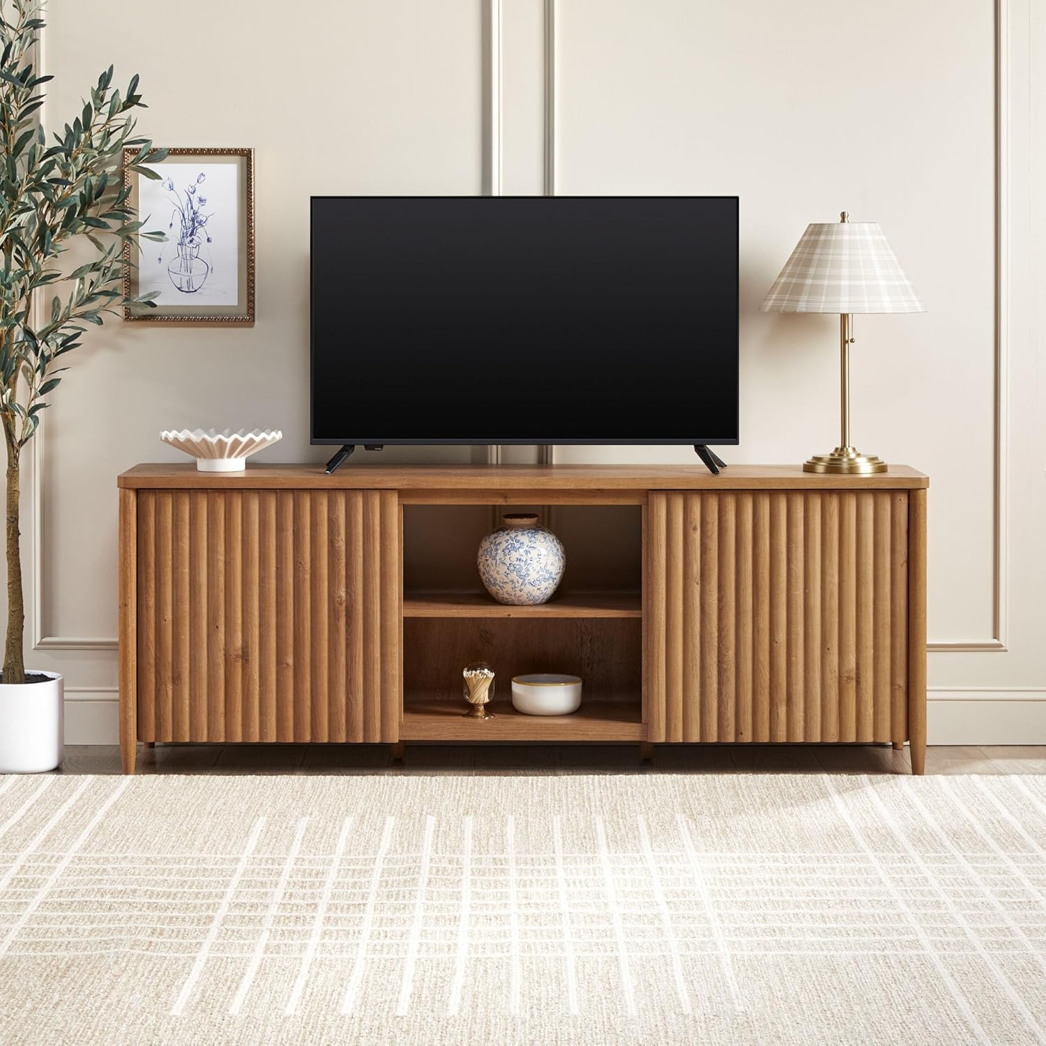 Scandinavian Reeded TV Stand with Open Storage for up to 80" TV  English Oak