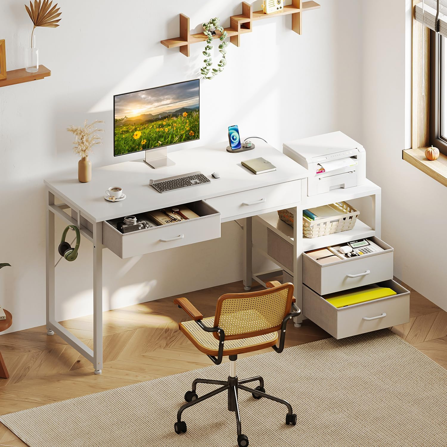 AODK Computer Desk with 4 Drawers & Power Outlet, 53 Inch Reversible Home Office Desk with Printer Stand, Small Desk with Storage Shelf, Study Writing Work Table for Bedroom, Vanity Desk, White