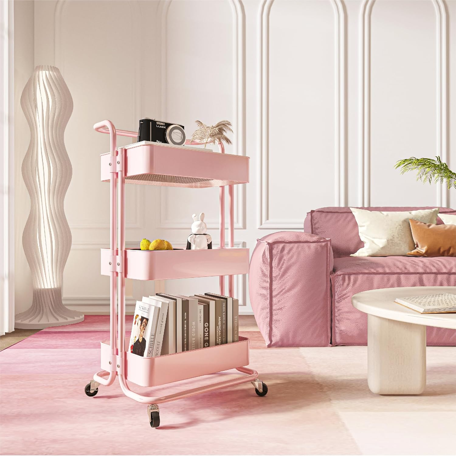 danpinera 3 Tier Rolling Cart Cleaning Organizer Utility Cart with Wheels for Storage Kitchen Bathroom-Pink